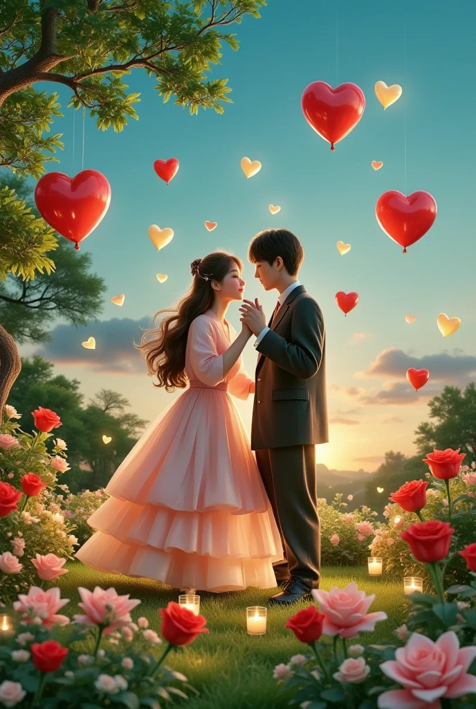 Share a romantic dance , Valentine's Day,一对情侣在迷人的garden中心跳浪漫的舞蹈. The scene is illuminated by floating candles and lanterns , projects a warm , Gently. garden , From the delicate petals of the flower to the verdant leaves , The intricate details are presented in amazing 8K resolution . The couple, Indulge in your arms , Exudes deep love and connection . The atmosphere is full of fantastic magic , The surroundings are highlighted by soft light and serene beauty .