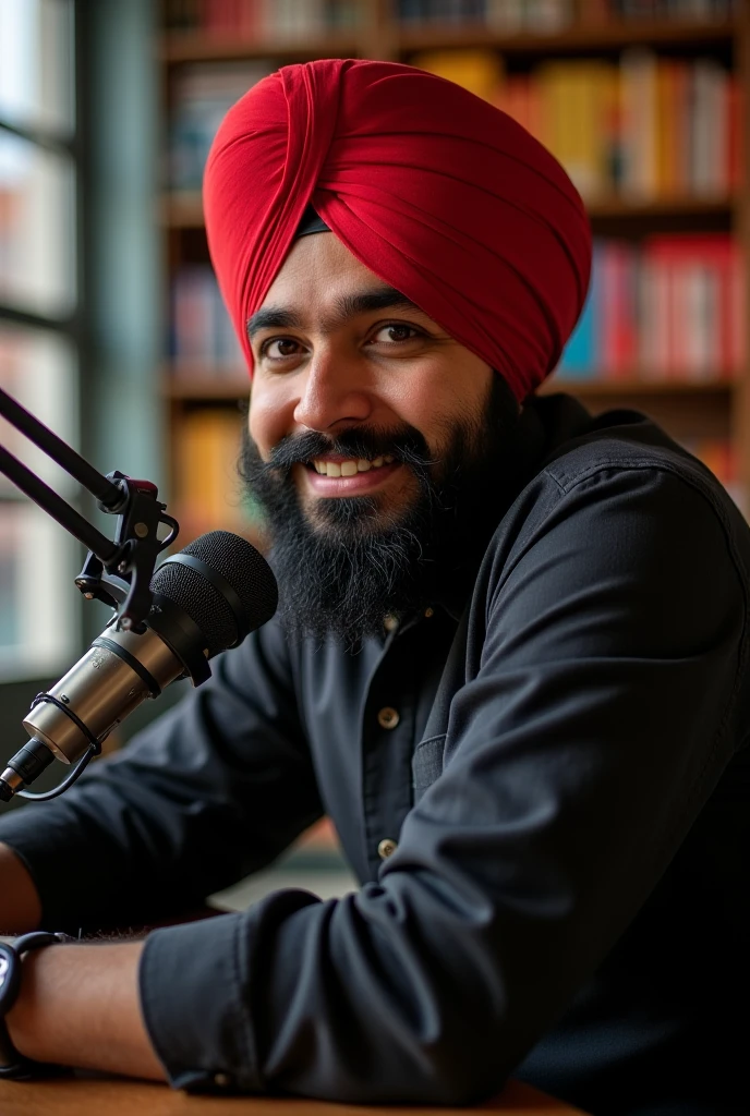 A podcast photo turban person sitting 
