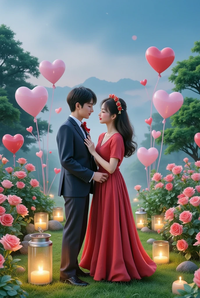 Share a romantic dance , Valentine's Day,一对情侣在迷人的garden中心跳浪漫的舞蹈. The scene is illuminated by floating candles and lanterns , projects a warm , Gently. garden , From the delicate petals of the flower to the verdant leaves , The intricate details are presented in amazing 8K resolution . The couple, Indulge in your arms , Exudes deep love and connection . The atmosphere is full of fantastic magic , The surroundings are highlighted by soft light and serene beauty .