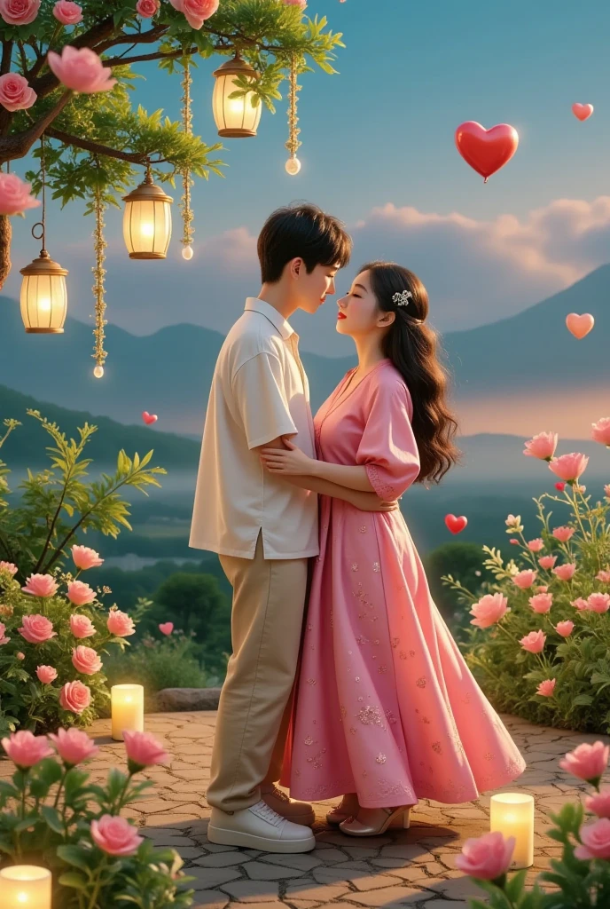 Share a romantic dance , Valentine's Day,一对情侣在迷人的garden中心跳浪漫的舞蹈. The scene is illuminated by floating candles and lanterns , projects a warm , Gently. garden , From the delicate petals of the flower to the verdant leaves , The intricate details are presented in amazing 8K resolution . The couple, Indulge in your arms , Exudes deep love and connection . The atmosphere is full of fantastic magic , The surroundings are highlighted by soft light and serene beauty .