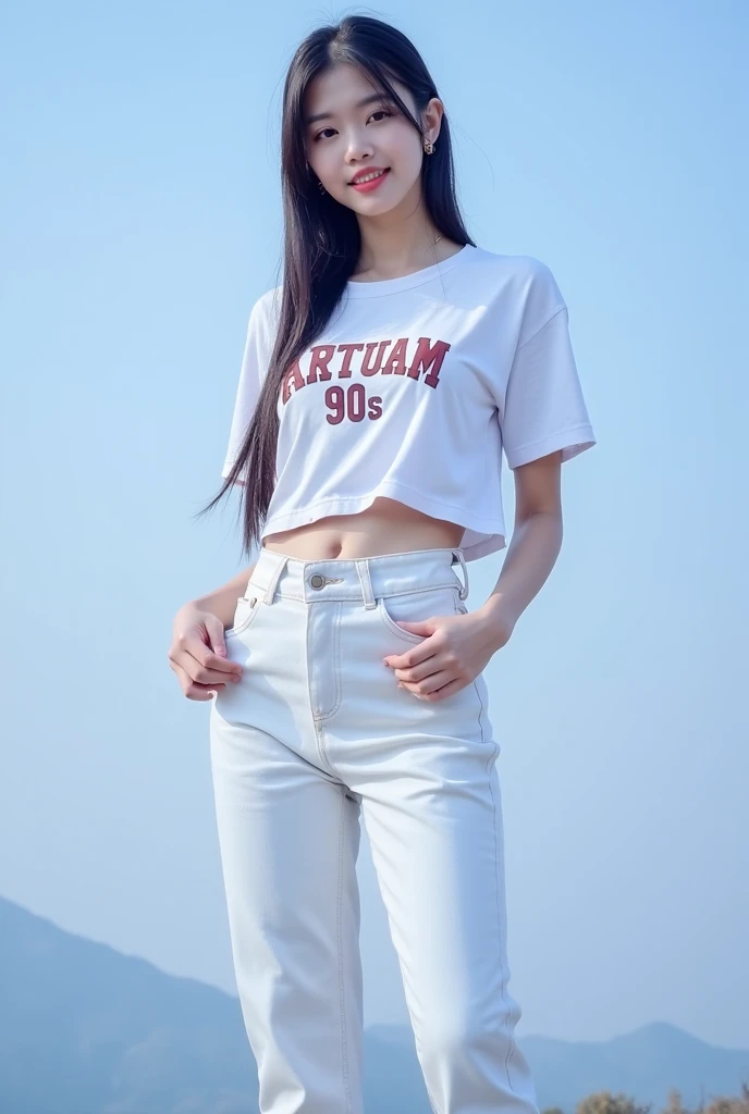 1girl, age 18, long brown hair, Asian, young pretty, smile, Passionate eyes, crimson cheeks, horny and detailed face, large breasts size, long slim leg, firm slim body shape, clean and good skin, tight sexy sport T-shirt and pants, at sport ground, good hand, good leg, soft light, 8K, master piece, hyper realistic, full length photo