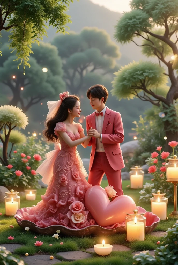 Share a romantic dance , Valentine's Day,一对情侣在迷人的garden中心跳浪漫的舞蹈. The scene is illuminated by floating candles and lanterns , projects a warm , Gently. garden , From the delicate petals of the flower to the verdant leaves , The intricate details are presented in amazing 8K resolution . The couple, Indulge in your arms , Exudes deep love and connection . The atmosphere is full of fantastic magic , The surroundings are highlighted by soft light and serene beauty .