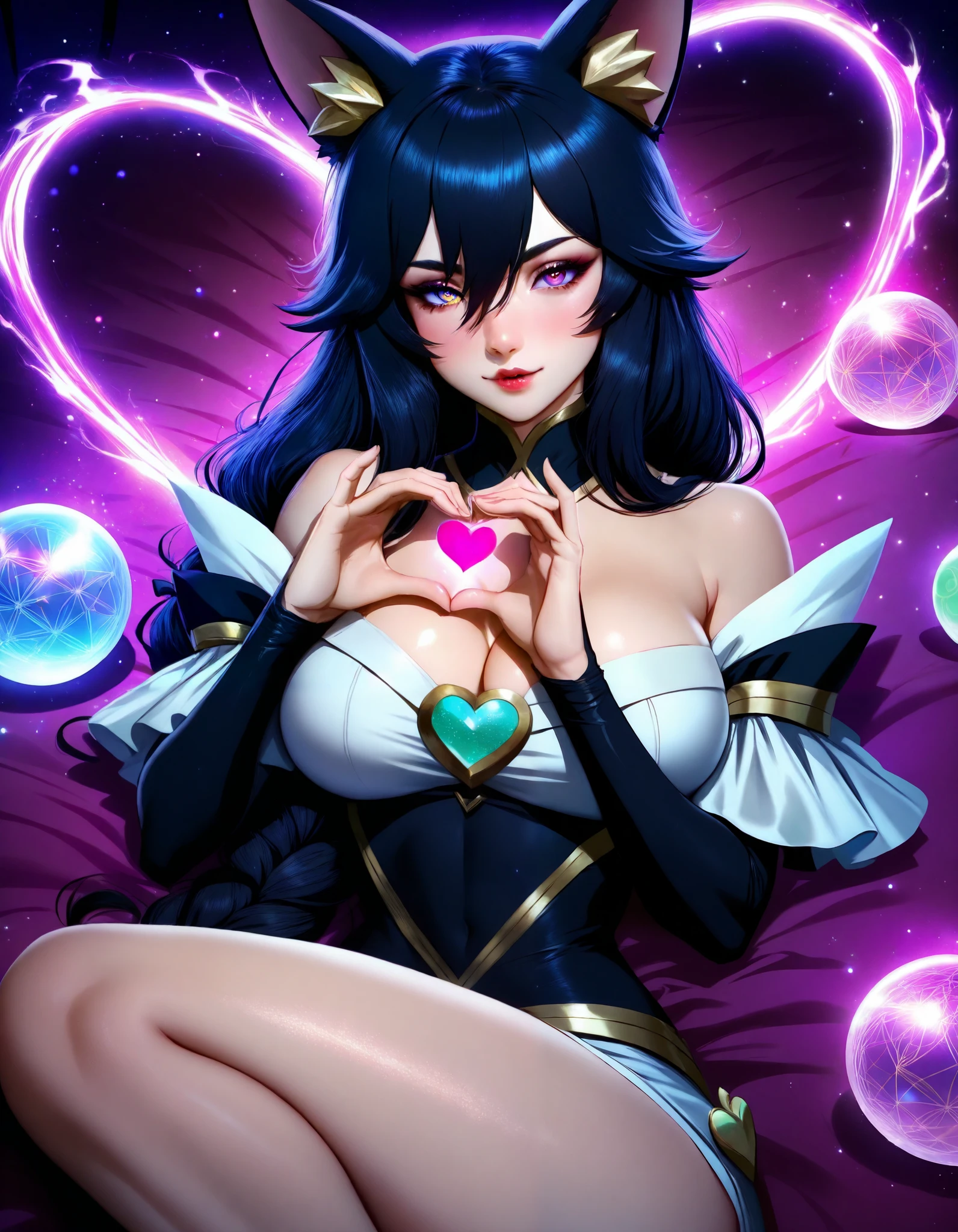 solo, ahri \(league of legends\),eye reflection,kiss,bare shoulders,cleavage,breasts,
heart_hands,cosplay,
seductive eyes,bedroom eyes,
1girl,solo,lying,outstretched hand,
animal ears,fox girl,fox tail,kitsune,kyuubi,
bare shoulders,off shoulder,
black hair,hair between eyes,
long sleeves,detached sleeves,
narrow waist,bare legs,
multiple tails,looking at viewer,
magic,magic particles,magic aura,magic ball,
bokeh,
realistic,absurdres,highres,
score_9,photography,dark shadows,High contrast,80mm lens,F2.8,ray tracing,
cintura estreita,pernas nuas,
várias caudas,olhando para o espectador,
magia,magia particles,magia aura,magia ball,
Efeito Bokeh,
realista,absurdos,highres,
score_9,fotografia,sombras escuras, de alto contraste,lente de 80mm,f2.8,Traçado de Raios,