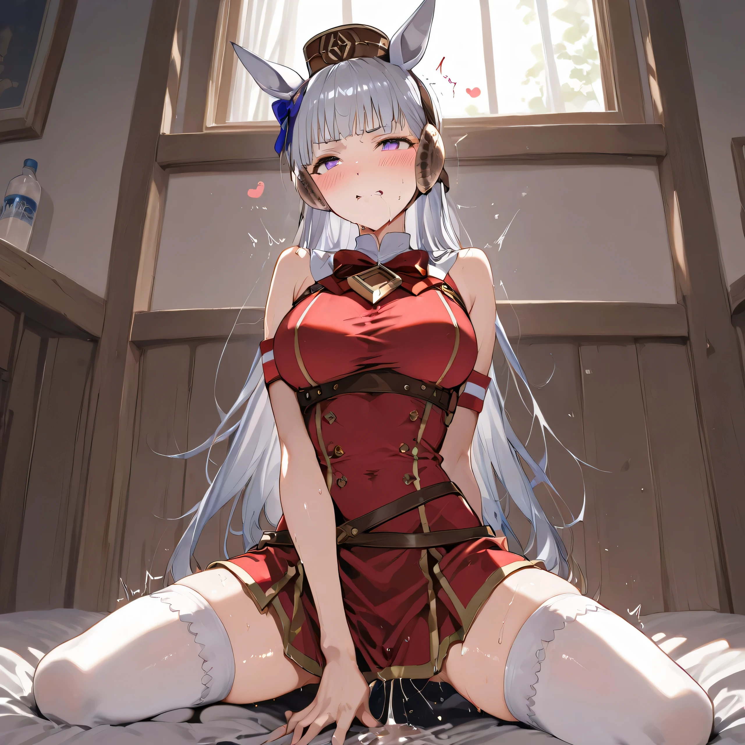 ( Masterpiece, top quality:1.2), score_9, score_8_ up , score_7_ up , score_6_ up , 1 girl, alone, Goldship 、 detailed face、 horse ears, Pillbox Hat, horse girl, long hair, Grey Hair , bangs, chest, purple eyes, above Decorati has , red dress、 sleeveless、 high socks, (巨大なchest:1.6)、 close their eyes and scream、 orgasm、Pleasure、 top、blush、 red cheeks 、White muddy love juice、A large amount of love juice spews out、 drip a large amount of love juice、Puddle under the crotch、 love juice is splattering、Her clothes are see-through and her nipples are visible、 Intense Masturbation、 Intense Masturbating、Zoom in on pussy、Insert your finger all the way to the root、 ahe face、 convulsions、 tremble、 open legs、Pussy squirting、 lots of lotion all over my body 、Detailed pussy、 and breast milk spews out、A large amount of liquid that is sticky all over the body、 heart、 wet clothes、agony、 in the world、hazy consciousness、A large amount of vaginal fluid is ejected、 real pussy、 red face、 can see through clothes and bras