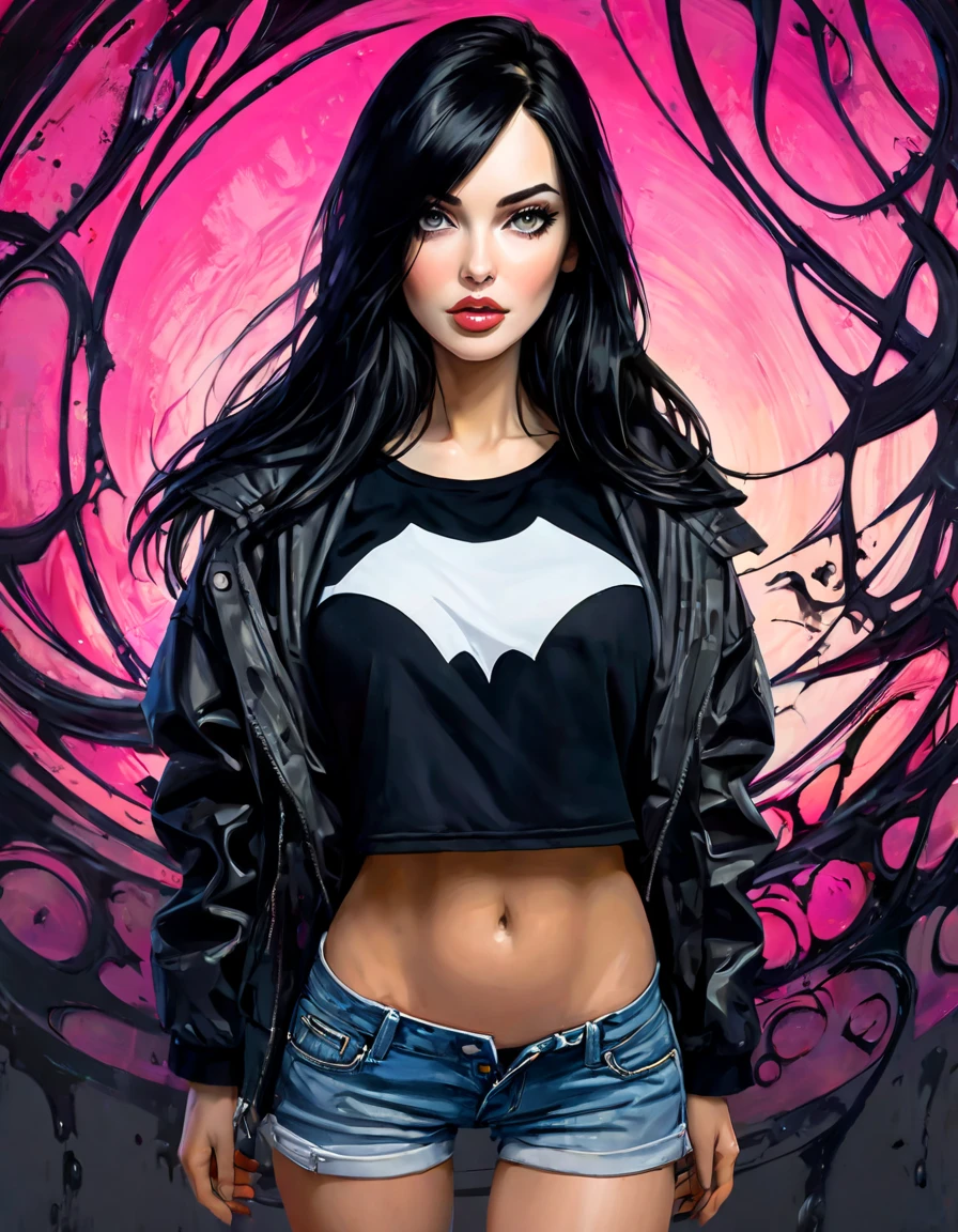 Jenna Ortega als Wednesday Addams, 2D-T-Shirt-Kunst, Gothicpunk, epische Illustration, Vektor, 2D-Illustration, er Hintergrund, morbide, sexy, s-e ferroink drawing, konzentriert, Vorderansicht, von Tim Burton und Marc Silvestri, inspiriert von Walt Disney und Will Eisner