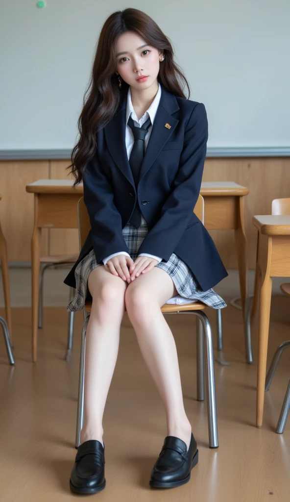 (8K、RAW Photos、Highest quality、masterpiece:1.2)、(Realistic、Photorealistic)、1 Girl、((Check mini skirt、Loafer Uniform、Navy blue socks、blazer、Big Breasts、classroom、I sat on a chair、Viewed from the front、Stand with your feet apart、))、Lots of eyelashes、Add shine to your eyelids、skeletally correct