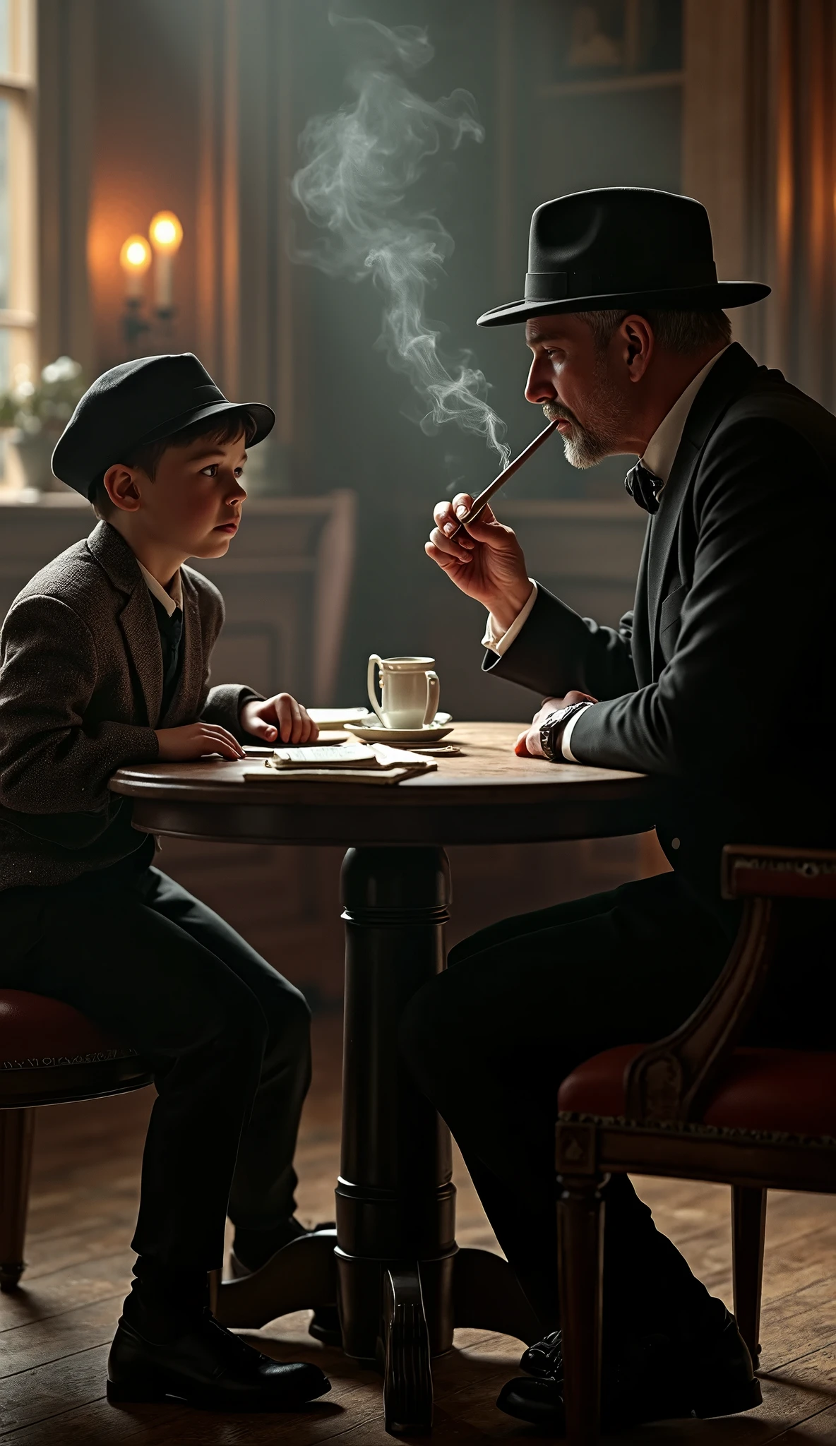 Mens Newsboy Cap Tommy Shelby Peaky Blinders Herringbone Gatsby Baker Boy Hat | eBay interior da cabine, complete with wooden walls adorned with various hunting trophies, Uma grande lareira de pedra domina uma parede, casting shimmering shadows across the room as flames dance inside, Adding texture and depth to the scene. The furniture consists of a sturdy wooden table and benches, some comfortable armchairs upholstered in thick fabric. RUSTIC PAUSE, empoeirado, bem envelhecido, volumeric lighting, confuso. (Boy in uniform smoking a cigarette while sitting in a corner, Art not Guweiz style, Fanart de alta qualidade, Digital anime illustration, cara bonito na arte demon slayer, Estilo Ross Tran, inspirado em Yanjun Cheng, fanart detalhado, retrato de alta qualidade, pintado em anime painter studio | |, Commission for High Res, Nice anime pose, Inspirado em Jeonseok Lee)