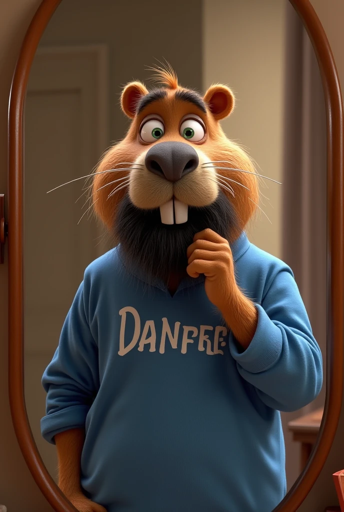 Create images of the Disney Pixar movie character of a humanoid capybara,biped, in the blue dress shirt written DANFER . She is cutting her beard in front of the mirror . Do capybaras have black beards