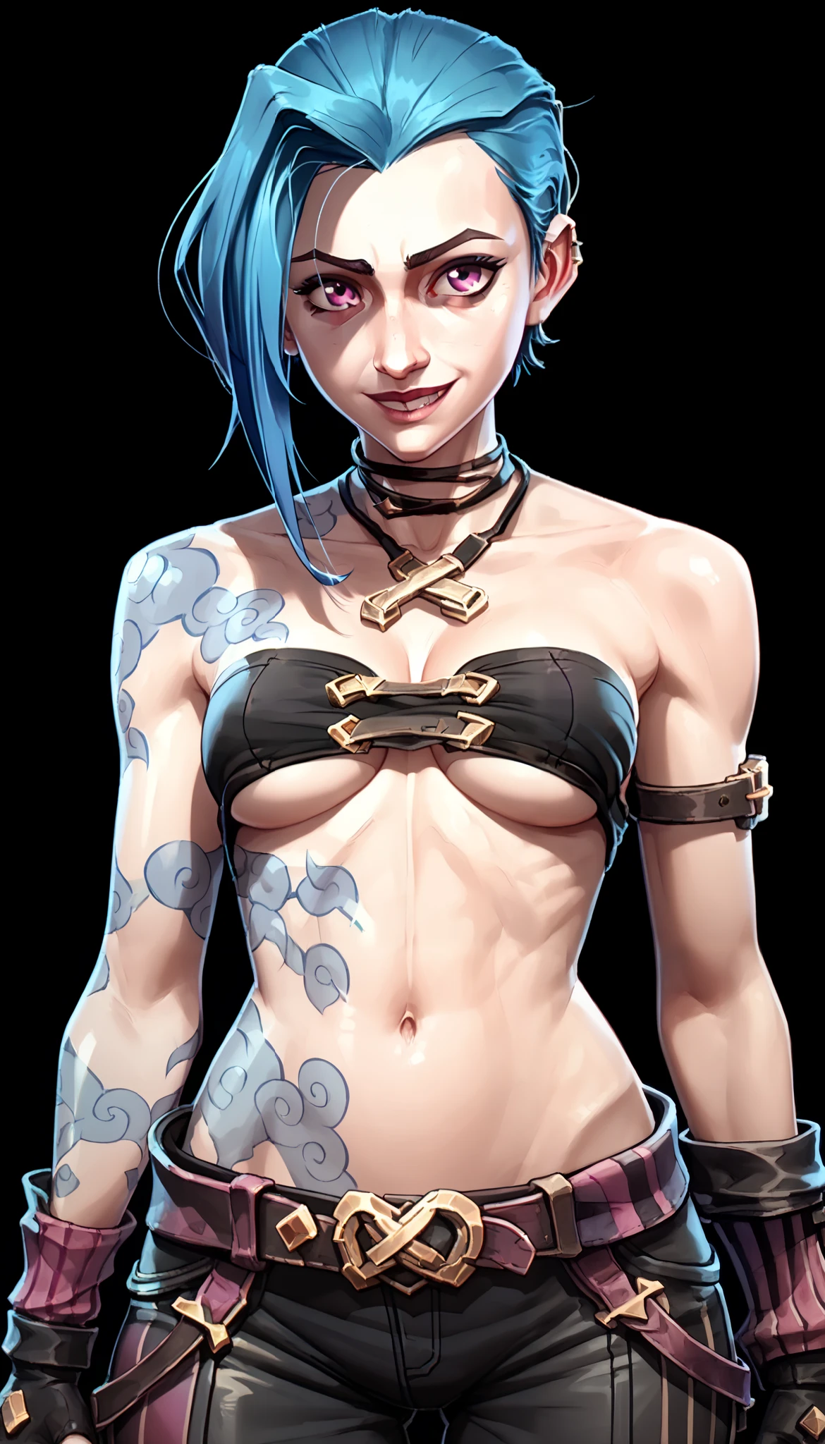 one woman, jinx from league of legends, (purple eyes:1.2), (grey skin:1.2), short hair, blue hair, (upper body, pants:1.3), (black background, clear background:1.5), (shoulder-belts:1.2), (studio lights, deep shadows:1.3), (big chest, black strapless bra, underboob, slender body:1.3), (cute smile:1.2)