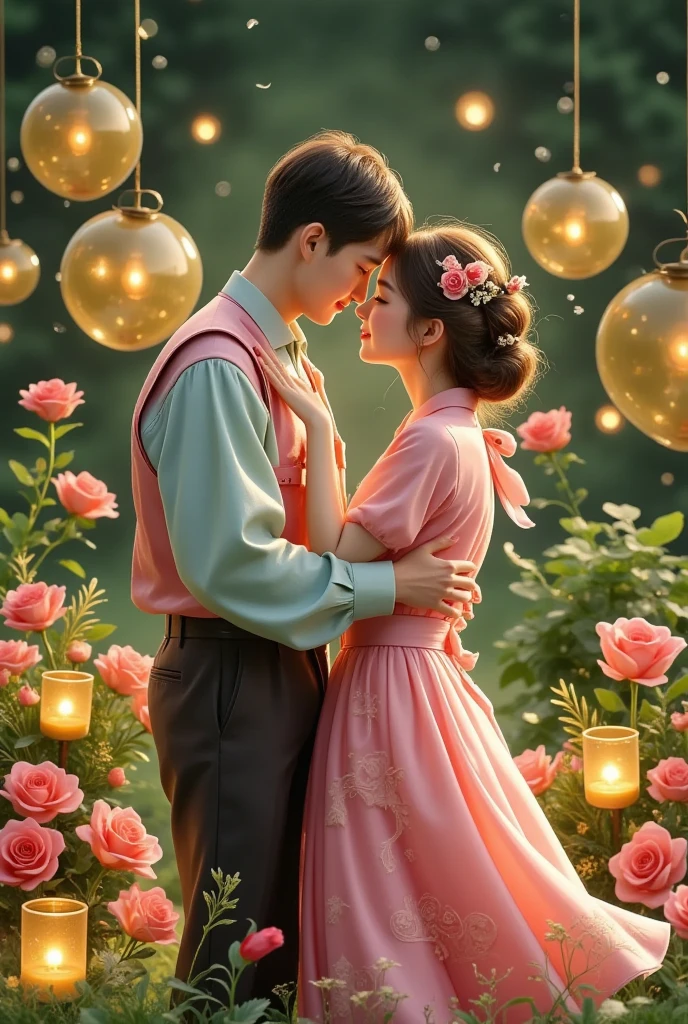 Share a romantic dance , Valentine's Day,一对情侣在迷人的garden中心跳浪漫的舞蹈. The scene is illuminated by floating candles and lanterns , projects a warm , Gently. garden , From the delicate petals of the flower to the verdant leaves , The intricate details are presented in amazing 8K resolution . The couple, Indulge in your arms , Exudes deep love and connection . The atmosphere is full of fantastic magic , The surroundings are highlighted by soft light and serene beauty .