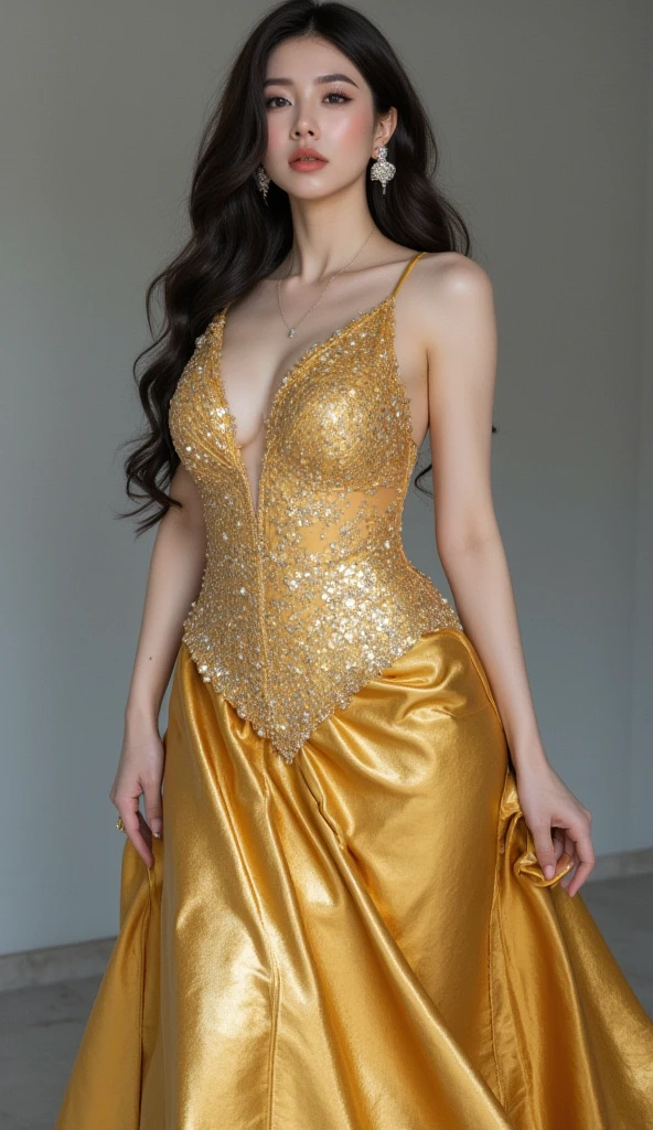 (full body shot:1.5), (Masterpiece:1.1), standing position, 1girl, solo girl, 20 year old girl, ultra realistic face, hyperrealistic, hyperdetailed, (looking at viewers), sharpen, detailed face, detailed eyes, detailed lips, red lips, beautiful face, 16k, FHD, raw photo, cute face mesh, pretty face mesh, girl in luxury office, beautiful hair style, hair tied, ((elegant strapless dress), embroidery luxury maxi, maxi with sleeve, down pleated short maxi), intricate, extremely detailed, (perfect boobs, long areola, perky boobs, close cleavage), scattering surface, ultra realistic texture, smooth skin, realistic face, red lip, glow face, very_high_resolution, perfect figure beautiful curved body, fit body, (elegant high heel), club hair ornament,