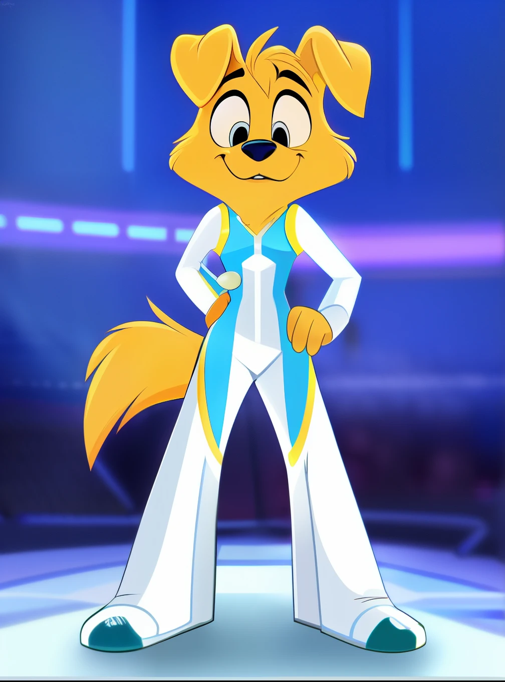 A render of an animated character named Rusty, who is a golden retriever. Rusty has vibrant orange-yellow fur, large white eyes and wearing The Dazzler supersuit from the 1980’s. Full body view. Standing, by vivzmind, (best quality, masterpiece:1), detailed,
