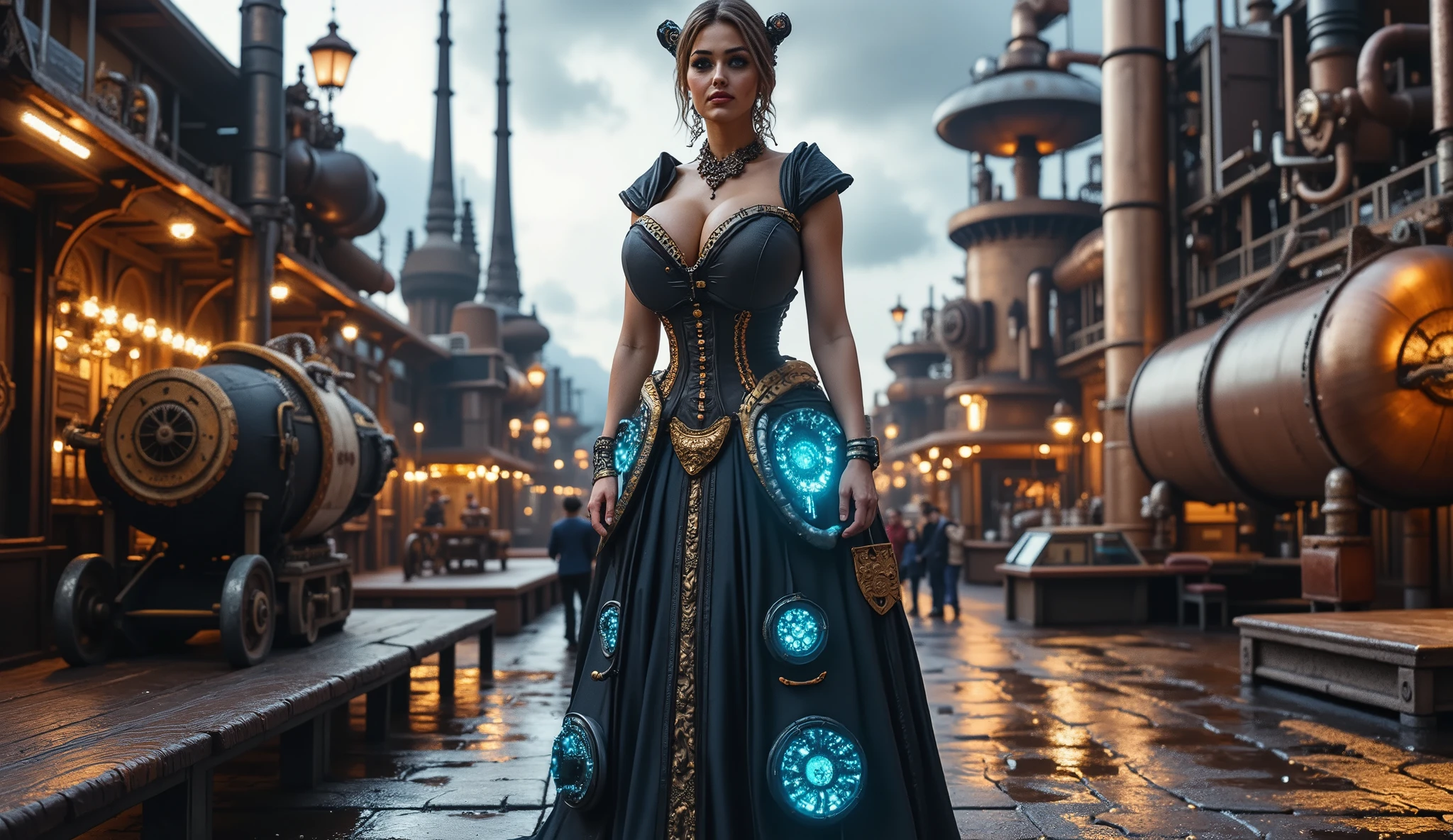 A steampunk-utopian woman in a long dress with a metal corset and glowing blue panels, standing in an industrial city with Victorian buildings, steam-powered machines, and airships in the background. Cinematic lighting, dramatic pose, warm and cool color contrast.