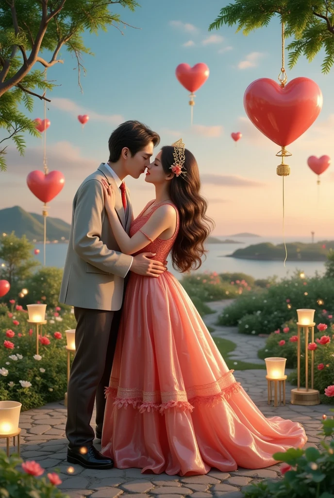 Share a romantic dance , Valentine's Day,一对情侣在迷人的garden中心跳浪漫的舞蹈. The scene is illuminated by floating candles and lanterns , projects a warm , Gently. garden , From the delicate petals of the flower to the verdant leaves , The intricate details are presented in amazing 8K resolution . The couple, Indulge in your arms , Exudes deep love and connection . The atmosphere is full of fantastic magic , The surroundings are highlighted by soft light and serene beauty .