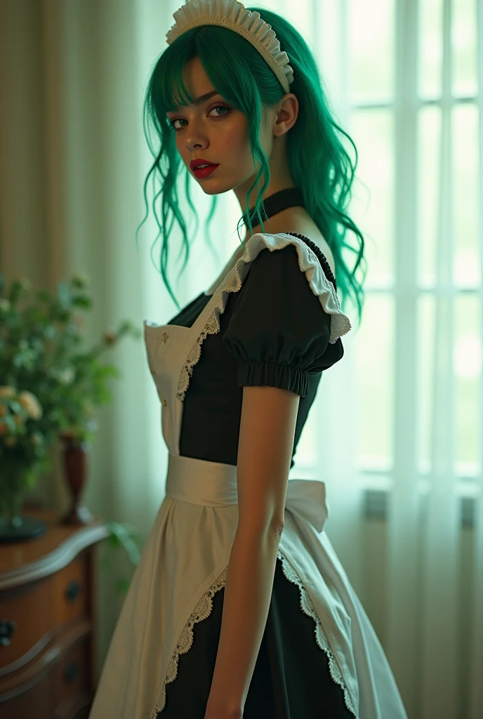 1 girl, low green hair, blue eyes, black skirt, white shirt, a small crown on her head.