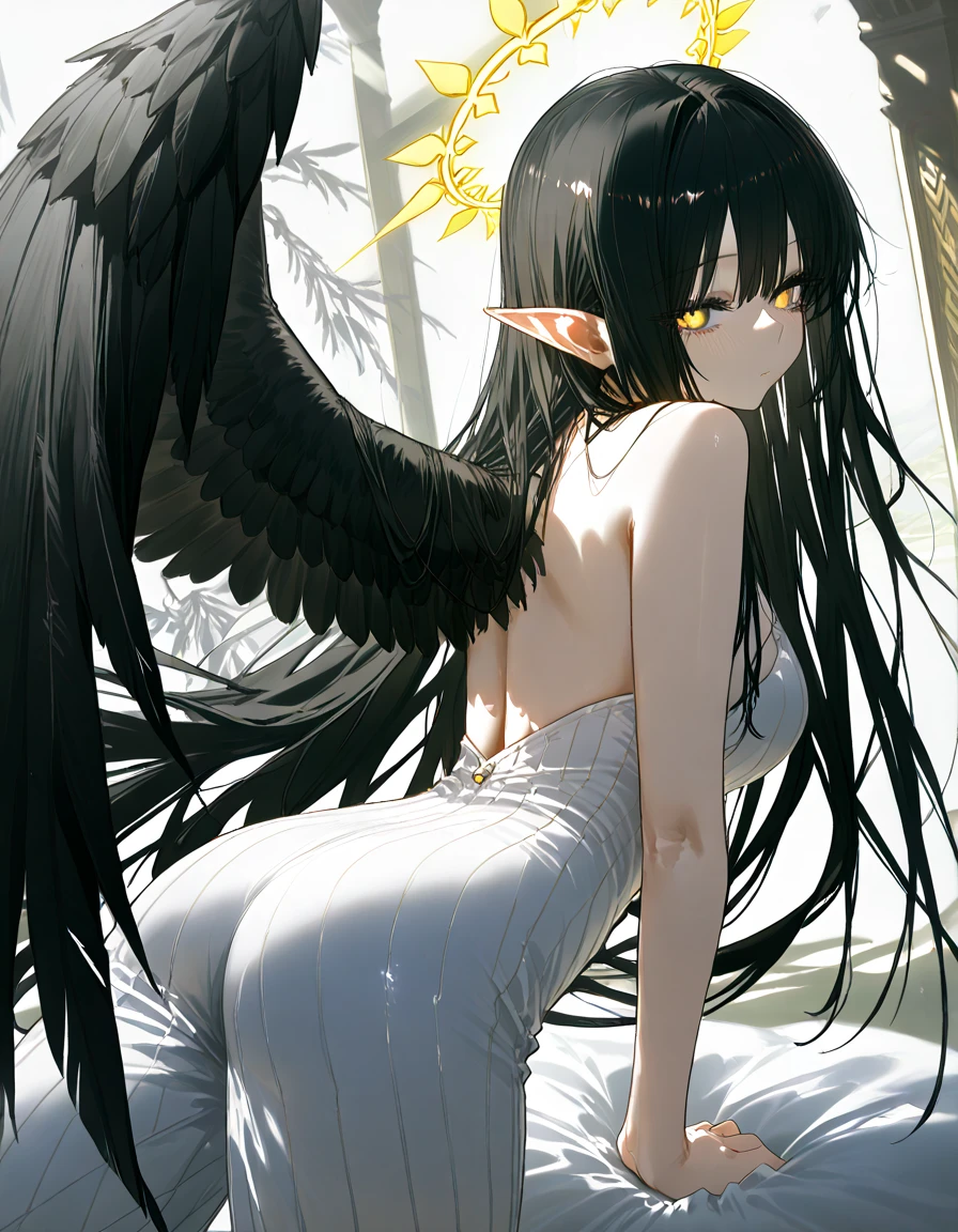 Albedo from overlord anime, perfect illustration, realistic, age 28, seductive, extreme detailed face, pure white skin, yellow eyes, split pupils, dark black hair, perfect face, perfect shape body, large perfect breasts, white horns, black lower wings, 3d, nsfw, ultra realistic, extreme detailed, posing to viewer, far cowboy shot