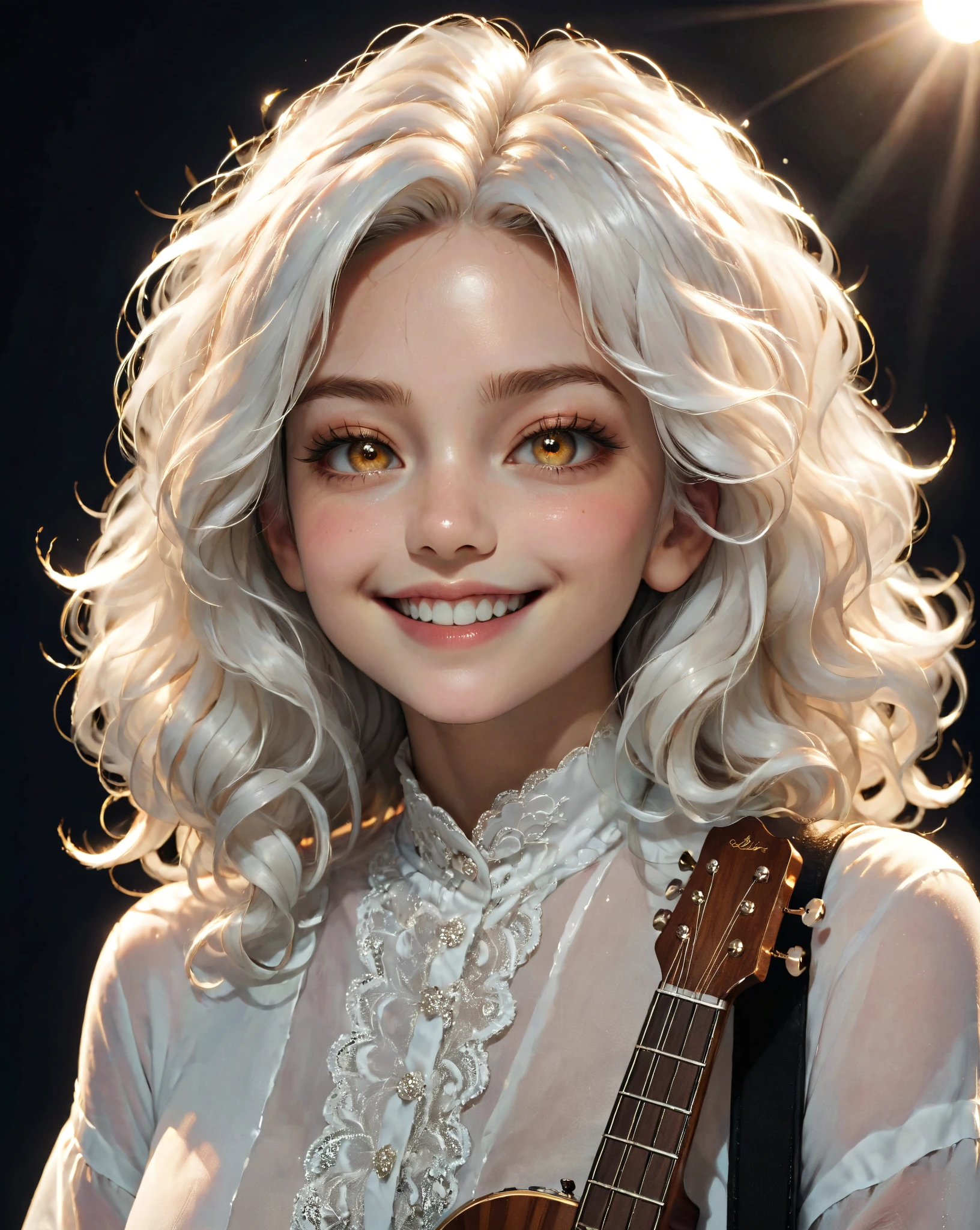 Realistic – Realistic Photorealistic by nature, capturing every minute detail and texture, the group of artists perform under the enchanting cinematic lighting, their faces illuminated by the soft glow of stage lights. Surrounded by their friends, all holding microphones in hand, they sing harmoniously into the night. Guitars strummed gently, drums beat steadily, and the bassline throbs, creating an enchanting ambiance. Fog and mist swirl around, adding an ethereal quality to the scene.

Aspect ratio: 16:9, Ultra Detailed – fine grain texture and ultra-clear resolution, every artist's features are distinct and white hair, long curly white hair, 1girl, Solo, Long Hair, High Resolution, Smile, White Hair, amber eyes, long hair, white hair