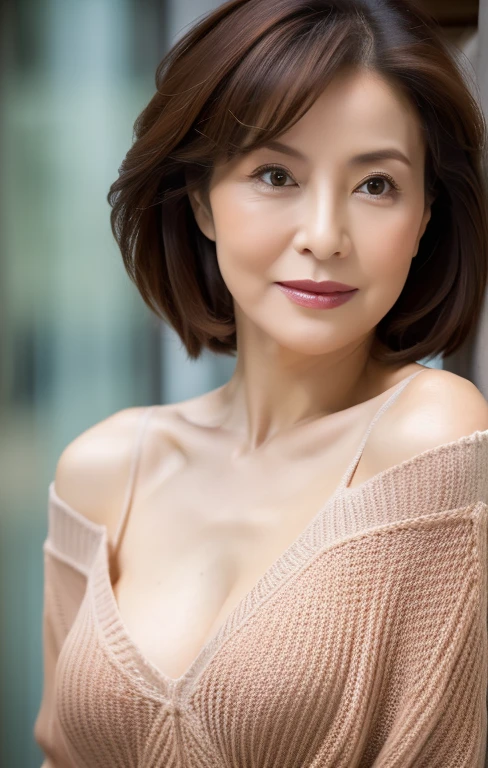 (Highest quality,8k,masterpiece),#Beautiful mature woman,
Portrait of a mature woman,
Very beautiful face,A gentle smile,
Big Breasts,
Loose-fitting sweater, Exposed chest,Bob, 
