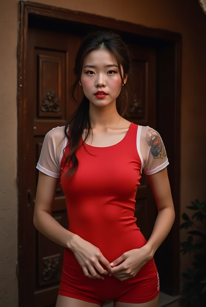 Create an oriental model wearing transparent red dress and with some tattoos