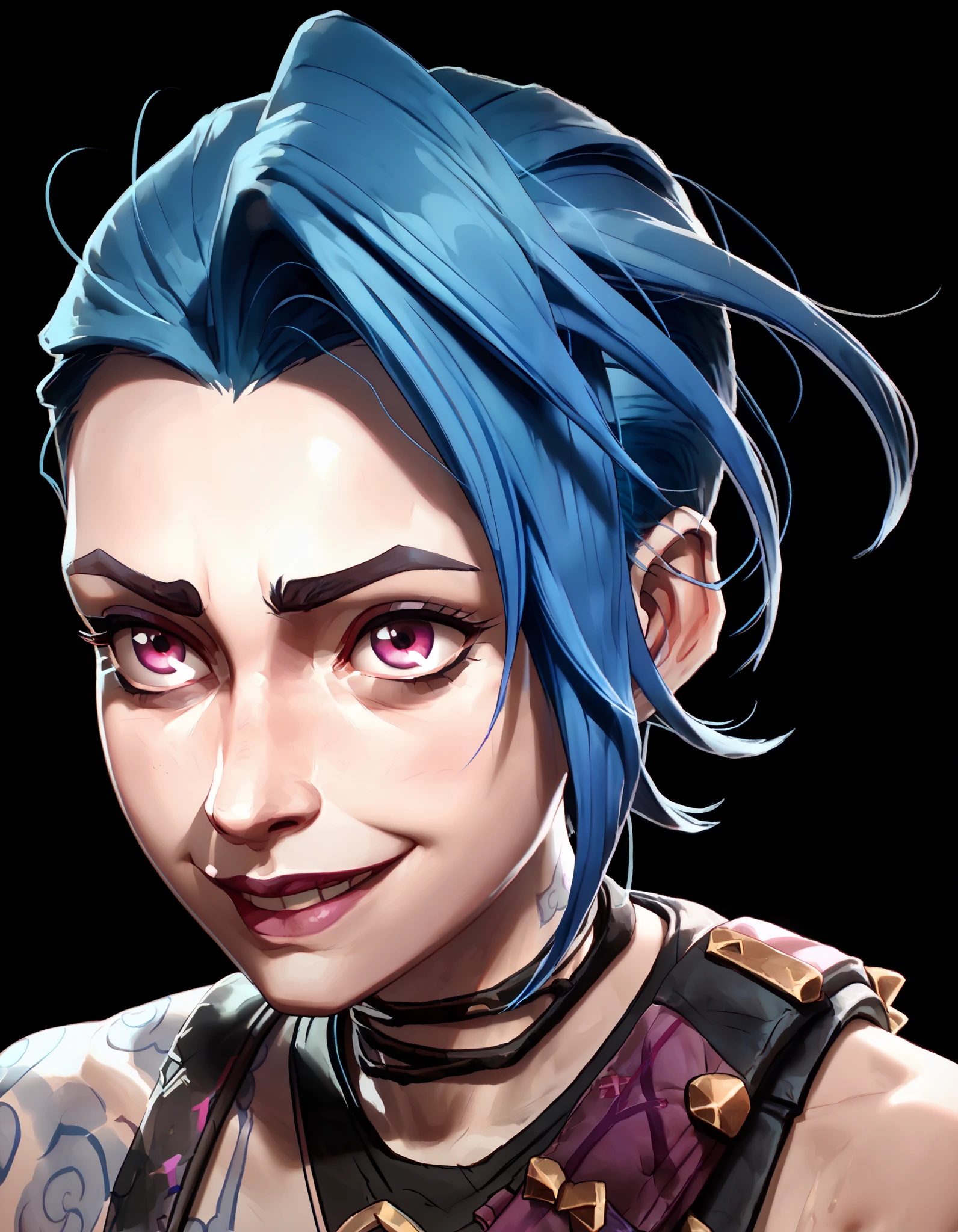 one woman, jinx from league of legends, (purple eyes:1.2), (grey skin:1.2), short hair, blue hair, (face close up:1.3), (black background, clear background:1.5), (studio lights, deep shadows:1.3), (happy face:1.2)