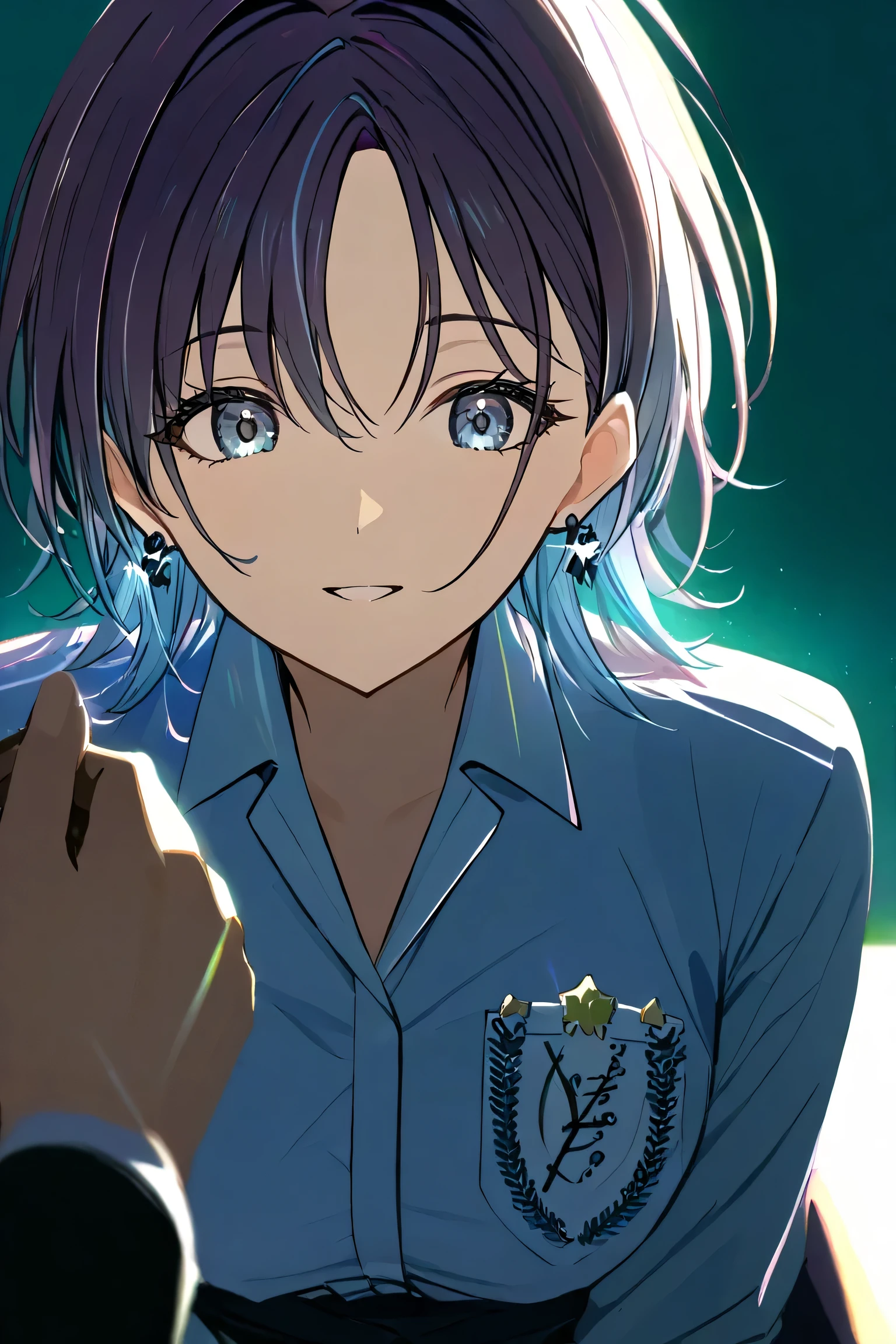 asakura_toru, blue hair, earrings, gradient hair, multicolored hair, parted bangs, purple hair, medium breasts,A person with a puzzled expression, intently watching another individual snapping their fingers. The observer's face shows a blank look of amazement, eyes wide, and mouth slightly open in surprise. The background is softly blurred to emphasize the interaction, with gentle lighting highlighting both individuals, focusing on the snapping gesture and the observer's reaction.