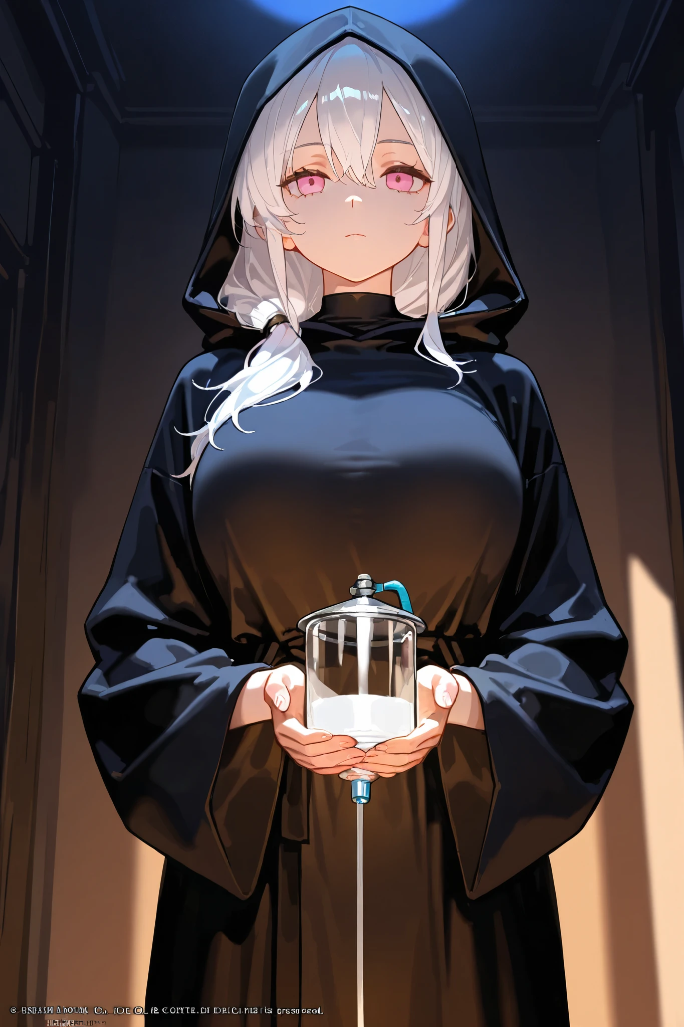 best quality, masterpiece,highest resolution, 1girl, white hair, expressionless, black robe, dark room background, holding IV drip , pink eyes, hood, mature