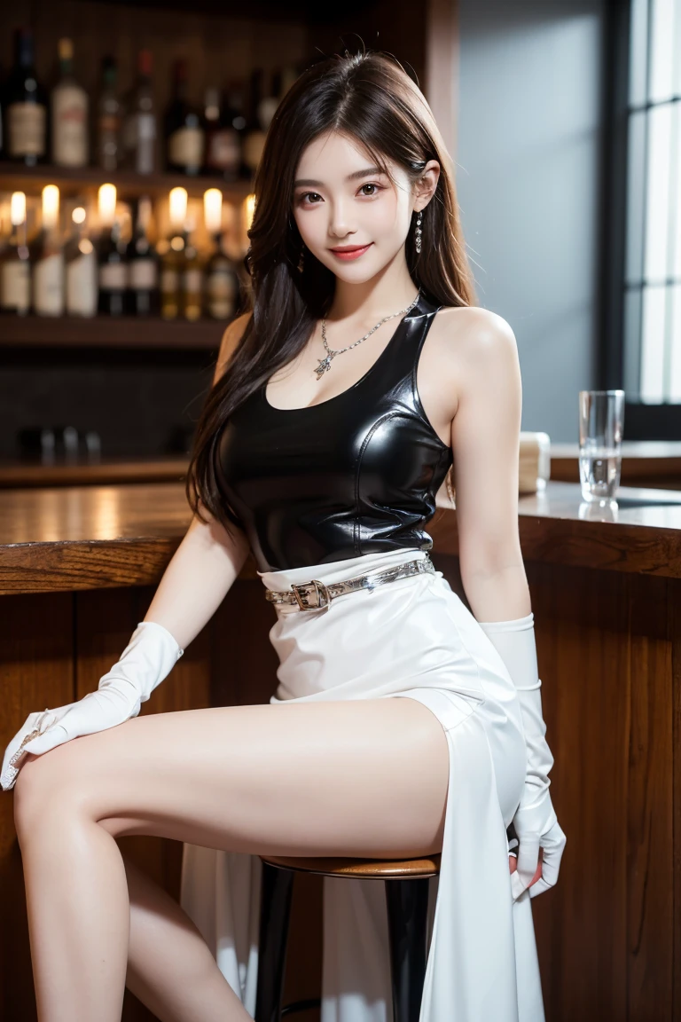((Unreal Engine 5 Photorealistic Renderer)),The best quality at its best,masterpiece,High resolution,上Half Bodyは超筋肉質で超巨大_chest!!With boobs_Types of melons,Large hips at the bottom,(((Tifa Lockhart)))),Choker Necklace,(Beautiful Face),View your viewers,Are standing,((Half Body)),((See-through white tank top)),((Tight leather skirt)),Wire Mesh Gloves,right arm hanging down,Installed at Seven Heavens Bar,