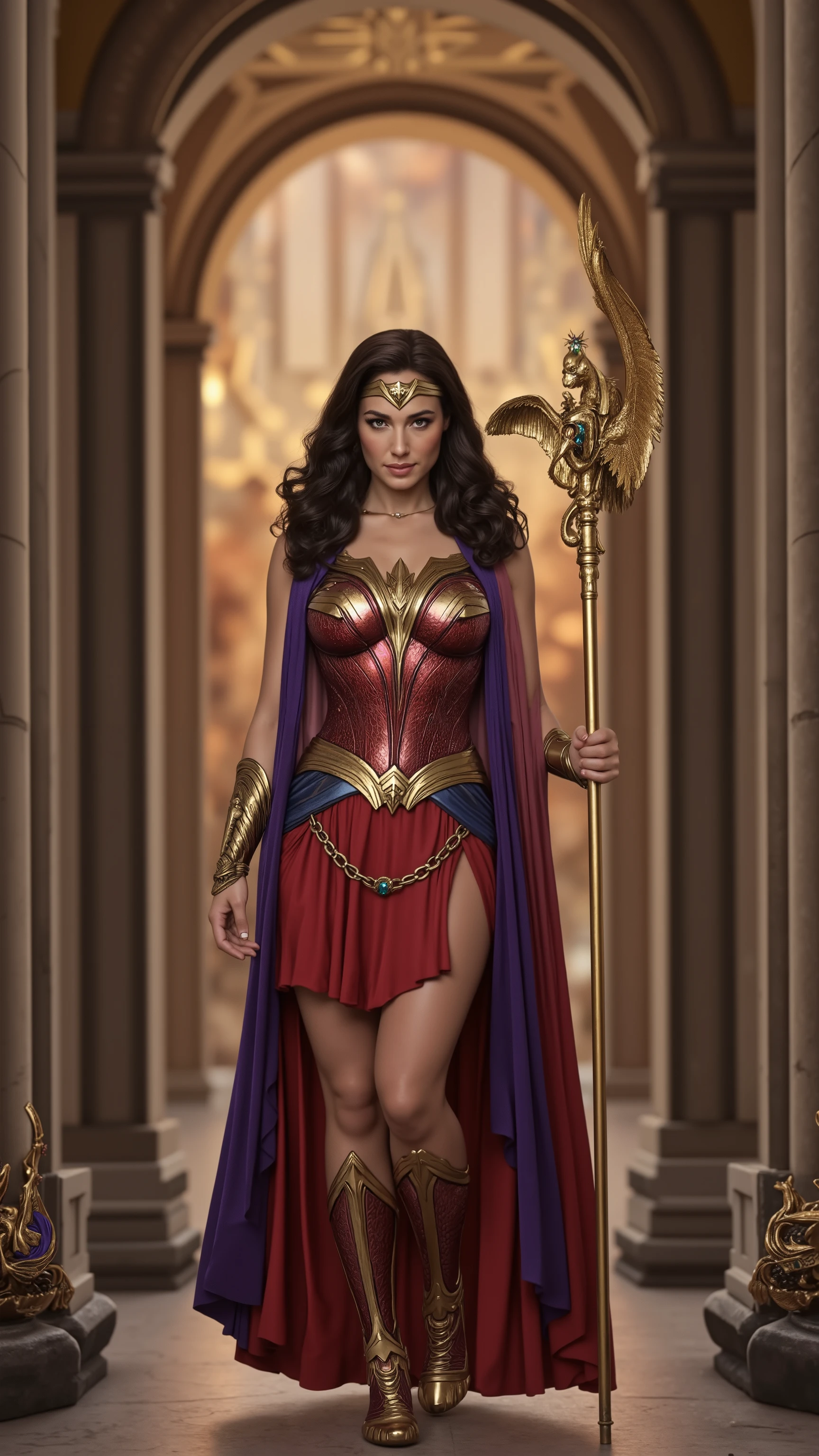 Gal Gadot is reimagined as the graceful Roman goddess Juno, walking and holding a divine golden staff topped with majestic peacock wings in one hand, while in the other she holds a golden chalice, 1 female, full figure, full body, cleavage,
She has flowing dark brown hair that falls in soft waves, framing her skin, and striking dark brown eyes.
She wears a magical purple and gold stole, woven from the finest divine silk. The fabric is shimmering with embroidery of laurel wreaths and celestial motifs. Over it she wears a sculptural breastplate of polished gold and ivory, inlaid with emeralds.
A sheer, thin cape of crimson silk, adorned with precious stones, is secured to the collar with a gold brooch depicting the eagle of Jupiter.
Beside her stands a majestic peacock, its iridescent feathers fanned by a fan.
In the background, a majestic temple with tall marble columns and intricate gold reliefs is visible. The light of the torches on the columns cast soft shadows on the polished floor. The setting sun floods the sky with orange hues.
Big breasts, attractive, showing off the full figure of her character, athletic body, perfect face, full body, extremely beautiful, goddess, feminine forms, perfect anatomy. The background is a blurred celestial architecture with grand arches and tall spires, photorealistic, masterpiece, realistic, high contrast, 8k, HD, high resolution detailed, detailed, hyper detailed, realistic skin texture, best quality, ultra high resolution, hyper realistic, no text, highly detailed eyes, spectacular lighting