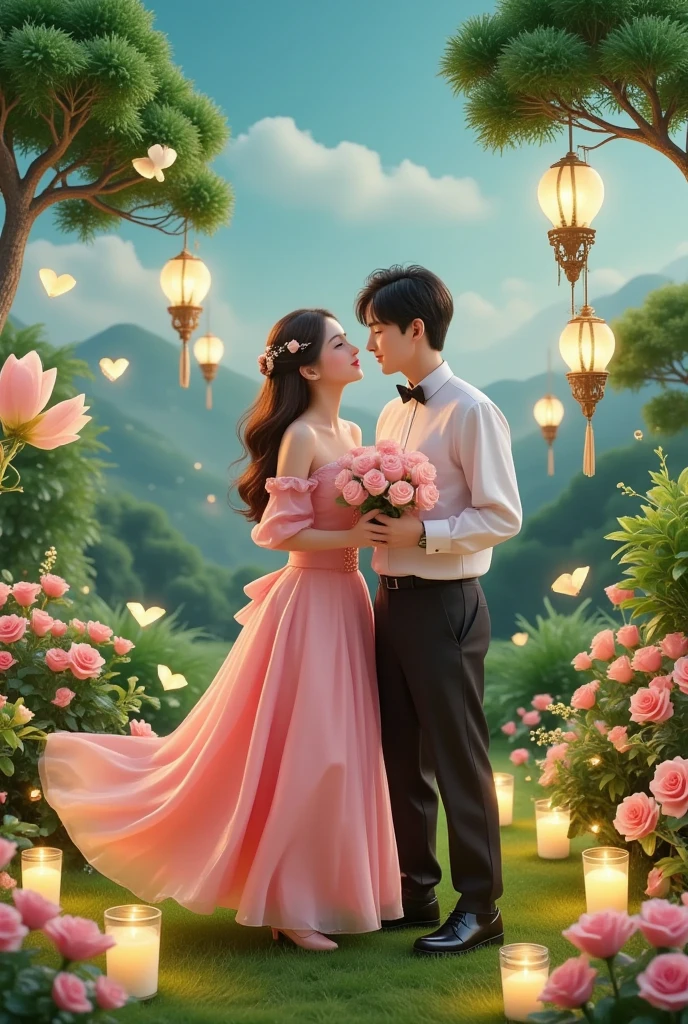Share a romantic dance , Valentine's Day,一对情侣在迷人的garden中心跳浪漫的舞蹈. The scene is illuminated by floating candles and lanterns , projects a warm , Gently. garden , From the delicate petals of the flower to the verdant leaves , The intricate details are presented in amazing 8K resolution . The couple, Indulge in your arms , Exudes deep love and connection . The atmosphere is full of fantastic magic , The surroundings are highlighted by soft light and serene beauty .