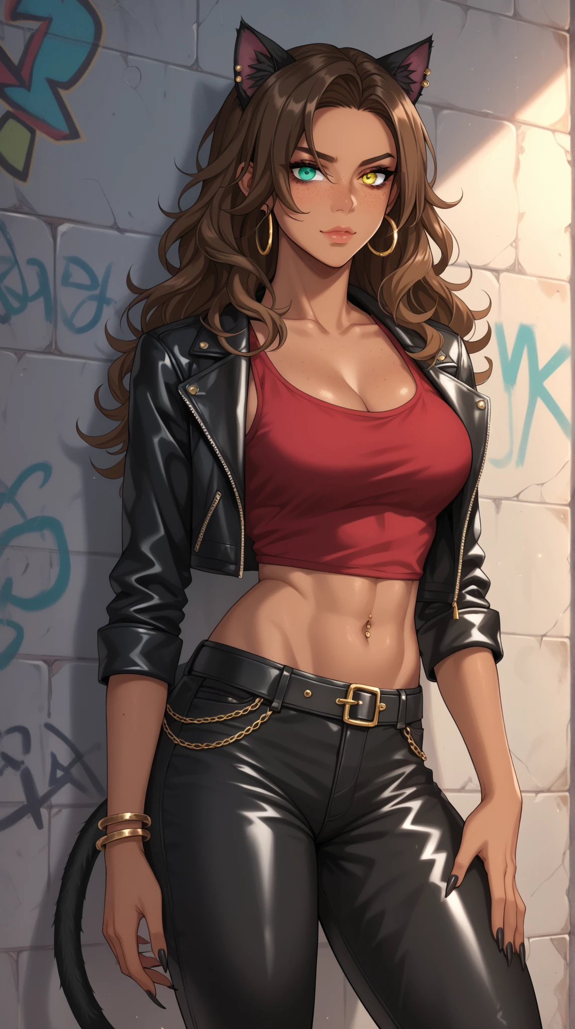 a young man with long brown hair,extremely detailed face,beautiful detailed eyes,beautiful detailed lips,cropped top,leather jacket,jeans,moody lighting,dramatic pose,cinematic,epic,vibrant colors,chiaroscuro lighting,high contrast,photorealistic,8k,best quality,masterpiece