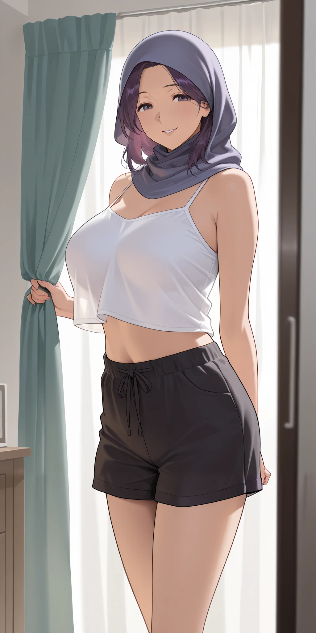 mature female, housewife, purple hair, medium hair, straight hair, slightly disheveled, crop top overhang, midriff, white camisole, black shorts, front side view, hijab costume, covered top body in open face, smile, indoors, curtains, milf, soft light, high detailed, best quality, cowboy shot