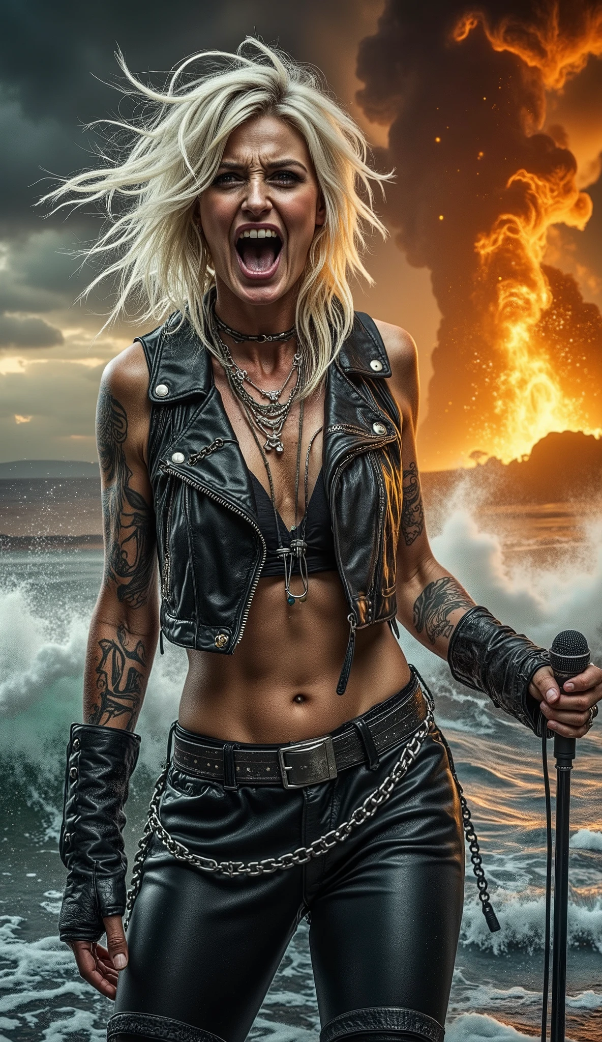A fierce female rock singer, embodying the energy of Linkin Park's new vocalist, stands on a stormy coastline, microphone in hand. Her platinum blonde hair flows wildly as she sings with raw intensity, veins visible in her throat. She wears a black leather outfit with metallic chains, a deep neckline, and intricate tattoos on her arms. Behind her, massive waves crash, and a volcanic eruption fills the sky with fire, smoke, and lightning. The scene exudes high-energy, apocalyptic concert vibes, with ultra-detailed, cinematic lighting and hyper-realistic textures.