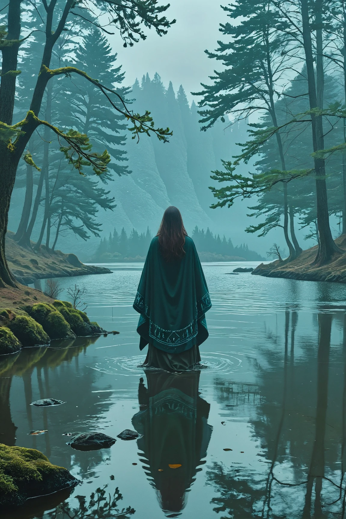 1girl, solo, long_hair, standing, outdoors, from_behind, water, cape, tree, scenery, nature, cloak, reflection, forest, robe, prosthesis, landscape, lake, prosthetic_arm
The main subject of the image is a girl standing by a lake. She has long hair and is wrapped in a patterned cape. The girl is outdoors, standing in front of a body of water, which appears to be a lake. The scene is set in a forested area, with trees and foliage visible in the background. The girl is facing away from the camera, looking towards the water and the trees. The overall atmosphere of the image is serene and peaceful, with a sense of solitude and connection with nature.