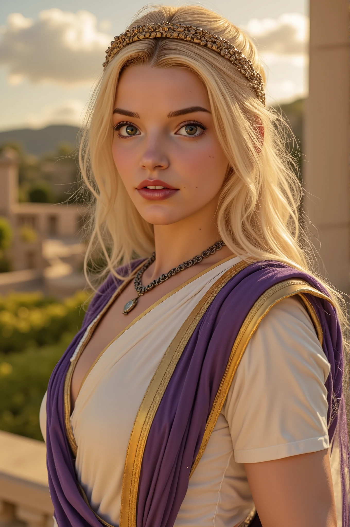   quality, silent:

 photorealistic,  highly detailed, warm colors,  historically accurate .
Scene,  background:

 A magnificent Roman country estate with vineyards , Olivenhainen und einem Herrenhaus im klassischen römischen silent. Die Sonne geht unter und taucht die Scene in goldenes Licht.
Figure, Styling:

A young Roman patrician Anya, proud and elegant ,  in a white tunic with purple details , low neckline,  A golden belt and fine jewelry .  she wears a laurel wreath as a sign of her victory and a sword at her side.
Pose, Mood:

 She is standing on a terrace ,  looks at her estate with satisfaction , While a prisoner of war kneels before her in chains. Die Mood ist triumphierend und friedlich.
 Avoiding unwanted elements :

 No modern elements ,  no unrealistic details .