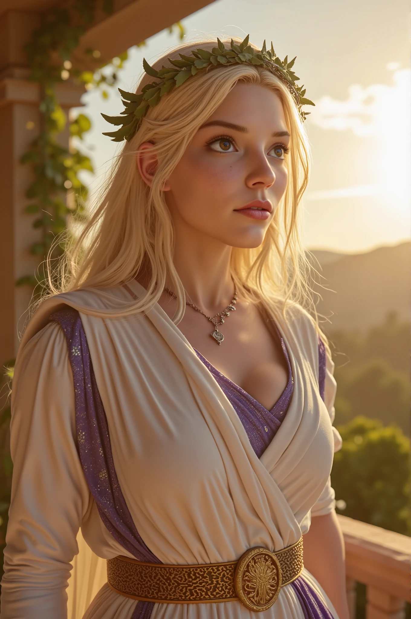   quality, silent:

 photorealistic,  highly detailed, warm colors,  historically accurate .
Scene,  background:

 A magnificent Roman country estate with vineyards , Olivenhainen und einem Herrenhaus im klassischen römischen silent. Die Sonne geht unter und taucht die Scene in goldenes Licht.
Figure, Styling:

A young Roman patrician Anya, proud and elegant ,  in a white tunic with purple details , low neckline,  A golden belt and fine jewelry .  she wears a laurel wreath as a sign of her victory and a sword at her side.
Pose, Mood:

 She is standing on a terrace ,  looks at her estate with satisfaction , While a prisoner of war kneels before her in chains. Die Mood ist triumphierend und friedlich.
 Avoiding unwanted elements :

 No modern elements ,  no unrealistic details .