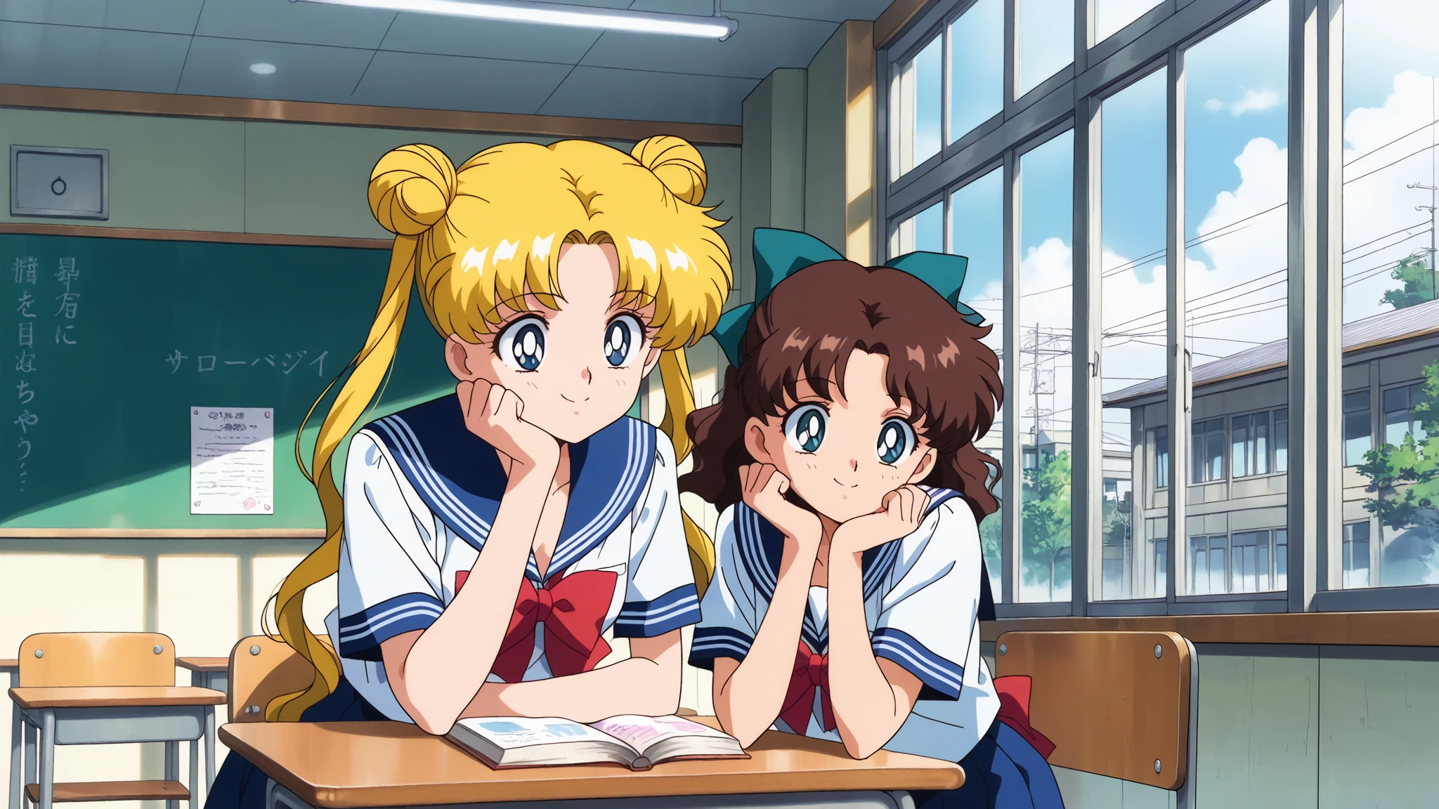 (masterpiece, best quality, very aesthetic , ultra detailed), intriguing details, happy, with friends, brown hair, medium hair, wavy hair, teal hairbow, teal eyes, summer japanese serafuku, small breasts, school room, table, window, chiar, tokyo, detailed background, intricate details, day, anime style, (ultra sharp, beautiful detailed face, dynamic shadow, Super Detailed, extremely detailed face) and friend (aausagi, blonde hair, double bun, long twintails, parted bangs, blue eyes, summer japanese serafuku, red bow), book, study at the same desk