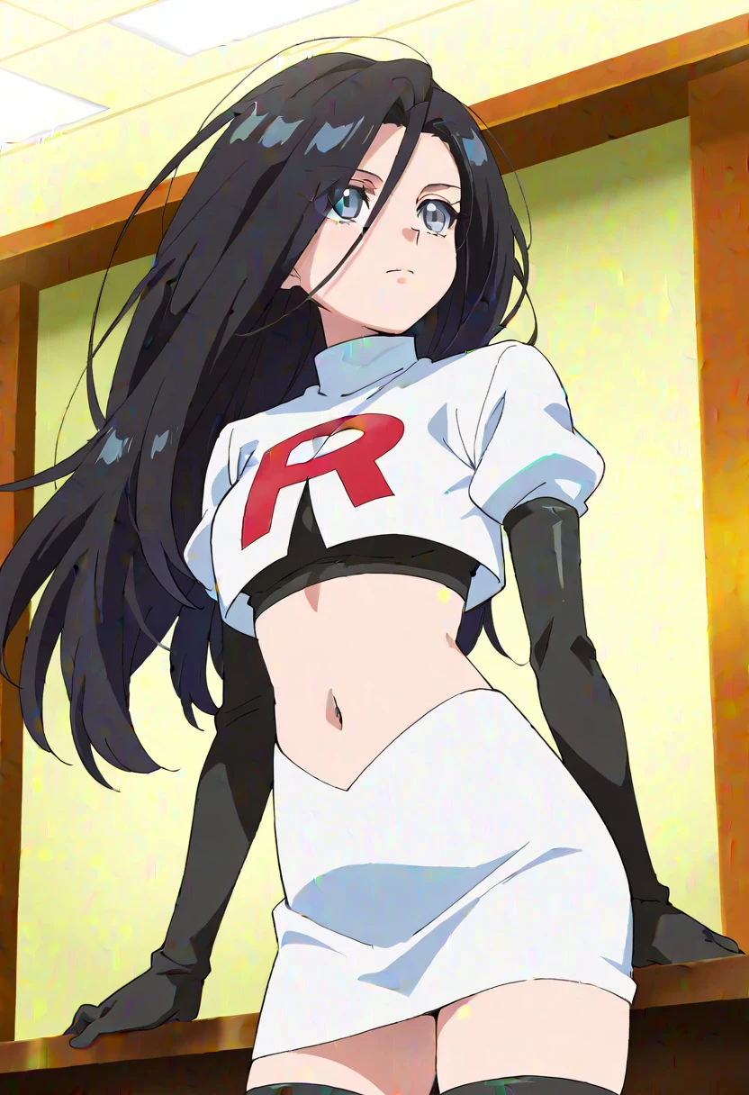 nico robin, long hair, (black hair:1.5), (forehead:1.2), blue eyes ,earrings, glossy lips ,team rocket uniform, red letter R, white skirt,white crop top,black thigh-high boots, black elbow gloves, evil smile,  sitting down ,legs crossed, night sky background