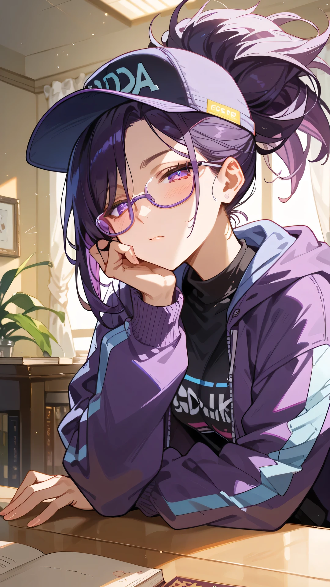 masterpiece, high resolution, best quality ,8k ( KDA Akali ) (purple cap) (purple glasses) (purple) (purple hair) (purple diamond jacket) silent pose, blushing, ebarrasing,updo hair, alone, high purity eyes, closing one eye , half closed eyes, look of disinterest, sexual pose, casual clothes, table with books, pouting,looking at the ceiling, look at you, lustful desires, murderous look