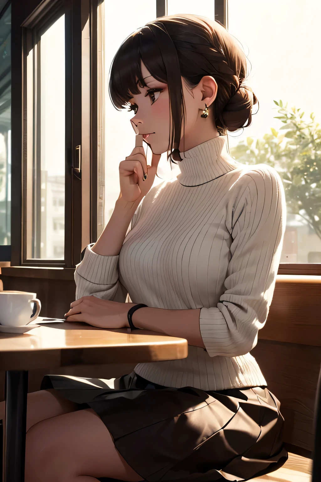  top quality、 Hi-Res、( high image quality:1.2)、 Masterpiece、 detailed background 、 beautiful woman in her 20s 、( big size:1.2)、( highly detailed face:1.4)、 detailed expressions 、( Details:1.4)、 Anatomically Correct 、(Normal number of fingers:1.4)、A sad scene 、Afternoon after the rain、 restless atmosphere 、Cold coffee 、 In contrast to the hustle and bustle outside, only her time flows quietly 、

( woman sitting alone by the cafe window :1.5)、( side face staring into the distance by the cafe window:1.5)、

 loose oversized knit with nuance colors such as ivory, greige, and mocha brown、 ribbed turtleneck 、Pleated long skirt、 simple short boots made of suede material 、 simple gold rings and earrings 、 narrow leather bracelets that adorn hands 、 low ponies wrapped loosely Chignon with curly hair 、Brown lips 、 Calm Atmosphere 、 Very Beautiful 