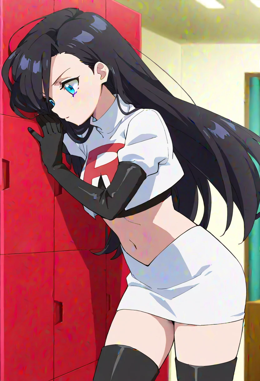 t-shirt,(white shirt:1.3),1girl,long hair,ponytail,bangs,grey eyes,black hair,black eyes,ribbon,hair ribbon,fingerless gloves,elbow gloves,<lora:RyÅ Mimasaka Air Gear:0.8>,black short,(long cycling shorts:1.2),