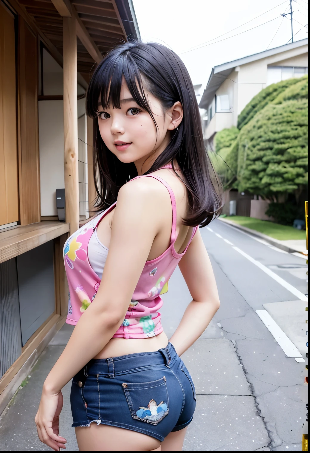 (  top quality, Masterpiece:1.3,  super high resolution during recording ),(  very well detailed、  caustics) (  exists:1.4, RAW shooting、)Ultra-  exists Capture、  very well detailed、 natural skin texture  、 Masterpiece、( Japanese  girl wearing printed tank top 、 Japanese elementary schoolremely short pants :1.3)、  cute expression、Expressions of joy、、: 、baby face、  innocent girl、  amazinMr.々 hairstyles、   black hair、 big breasted、 Glowing Thighs、Residential Sidewalk 、Background details、smile、 An inviting gaze 、(   anatomically accurate )、   attention to detail  、Stand with your back against a wall、