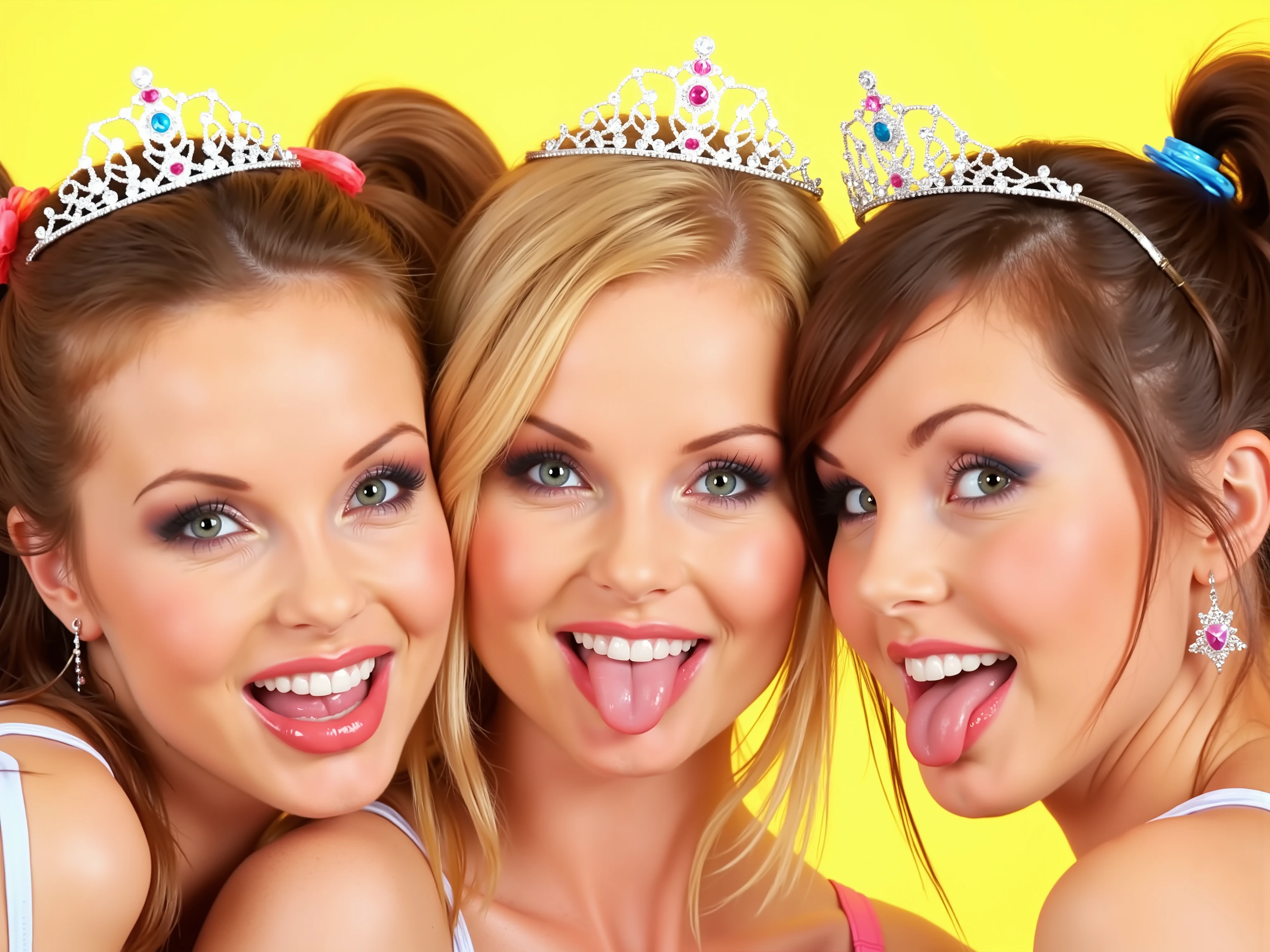 three woman, heads next to each other, smiling, mouth open wide, tongue out, faces only, sunny, hair in a pony tail, wearing a princess crown