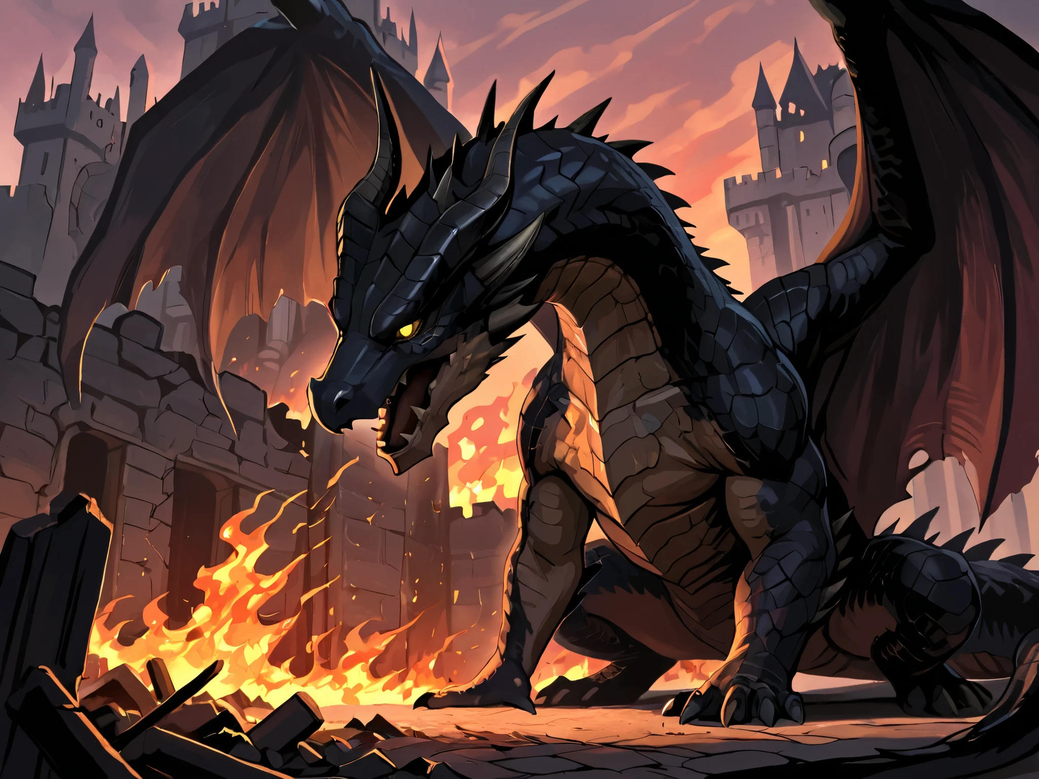 dragon fatalis,Ruins,castle,  looking at the spectator, yellow-eyed,alas, hand on the floor , open your mouth,Fire
