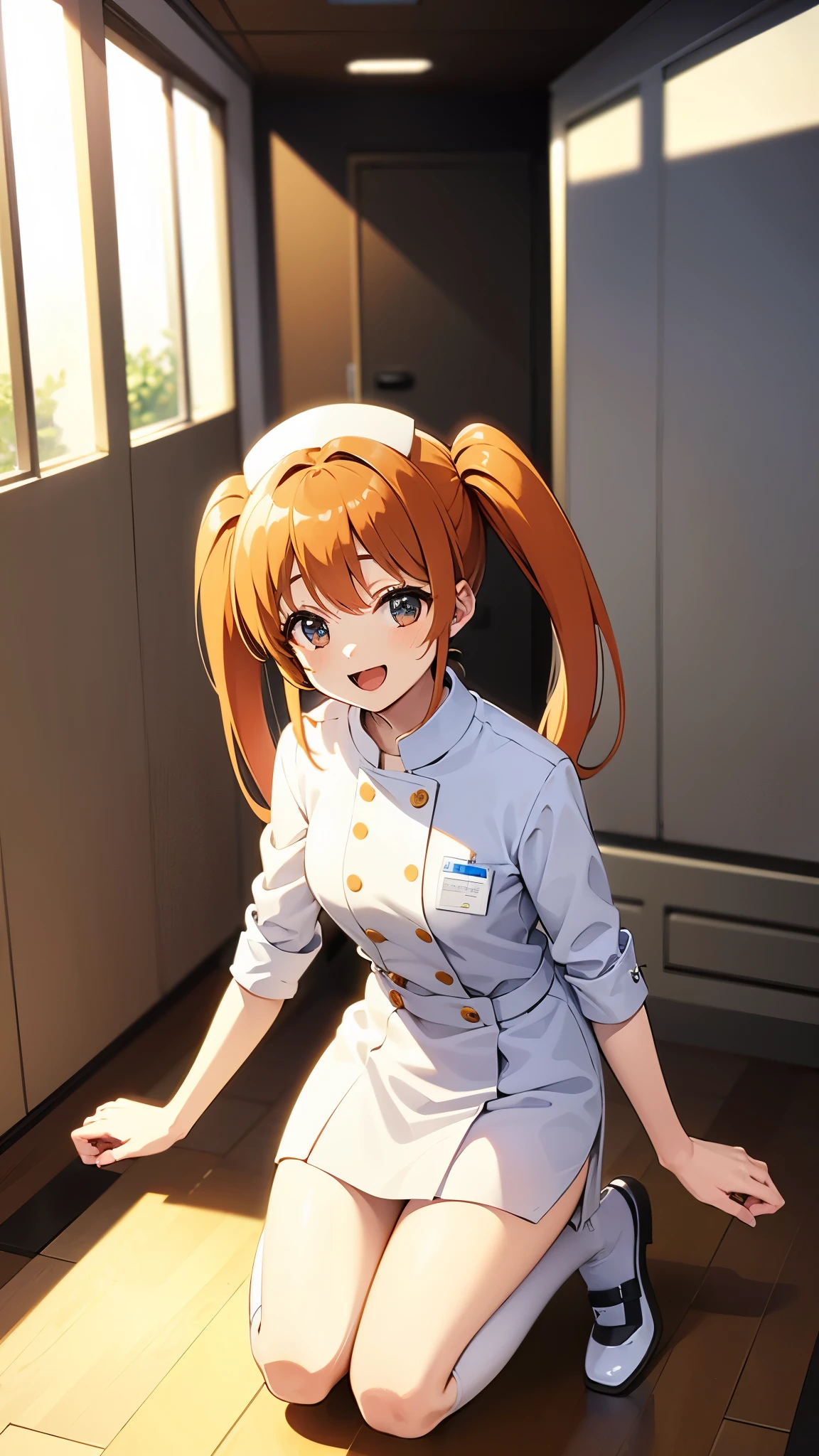 inside hospital room, wearing white nurse uniform, nurse shoes, break anime style, masterpiece, best quality, break, orange hair, break high bridge, BREAK super straight hair, BREAK long side twin tails, break, jumping, close eyes, great joy,