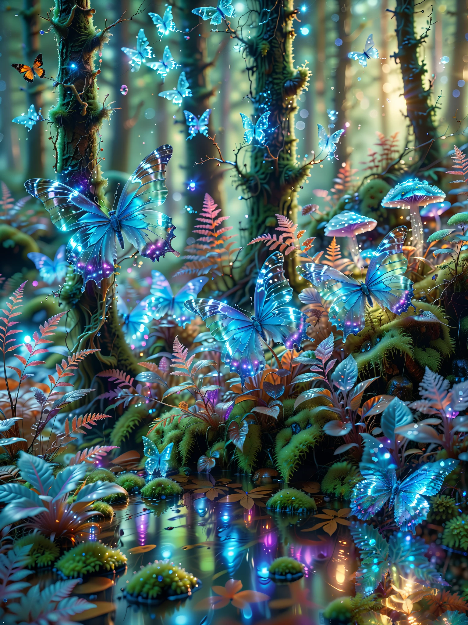 32 K masterpiece , top quality, super detail, official image, Very high resolution 32K wallpapers , beautiful and aesthetic , ultra-detailed features , impressive detail . Huge, Glowing futuristic forest with tall bioluminescent trees Translucent leaves, radiating gentle neon blue and purple . The forest floor is covered with fluorescent moss and tiny , Bright glowing mushrooms . Holographic butterflies flutter around , , casting traces of light . The scene includes floating particles of light , softly illuminating the mist-filled air , adding depth and mystery . A stream flows through the forest crystal clear waters , Reflecting the radiance of the surrounding vegetation .