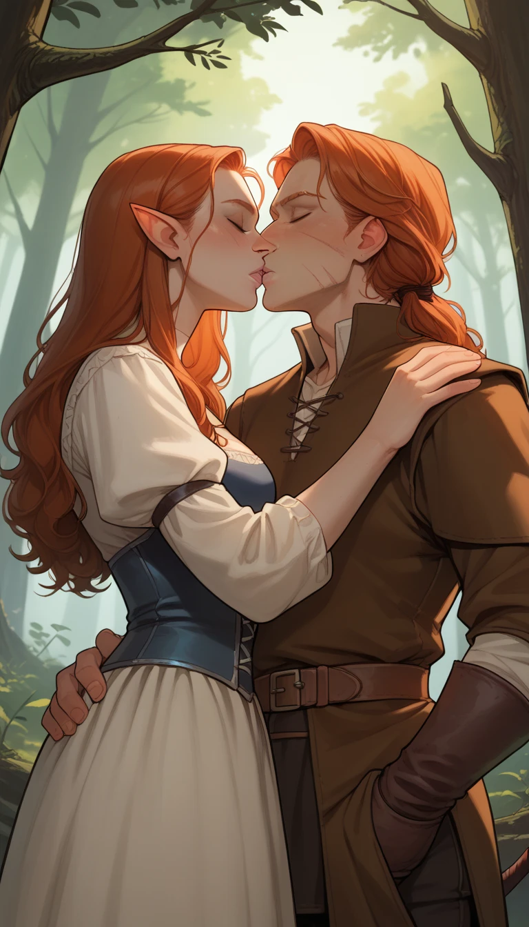 An athletic female knight with long red hair and green eyes and freckles kisses a short-haired brunette tavern wench, mature women, aroused, undressing, interior, candles, tavern bedroom, cheap bed, medieval, midnight, vivid, cell shading, official art, masterpiece, 8k