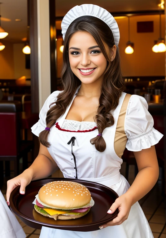 lookalike: (young Victoria Justice: 1.2), specific lighting: (bright, functional lighting: 1.4), 35mm film look, vivid colors, (color palette of fresh greens and warm tones: 1.3), vignette, Kodachrome, Lomography, analog film, (focused and skilled face expression: 1.2), tanned skin, (extremely long, flowing brown hair: 1.3), hair texture: (pulled back in a practical style: 1.2), makeup: (subtle yet soft: 1.4), facial expression: (determined and joyful in creation: 1.5), body shape: curvy, slim waist, visible curves, (huge breasts: 1.5), cleavage: 1.25, clothing: (stylish waitress’s attire with apron: 1.4), (highlighting elegance: 1.5), photographed on Canon, lens mm: (50mm for a detailed shot: 1.4), shallow depth of field, Kodak Vision Color, resolution: (8K: 1.3), extremely detailed, maximum details, unparalleled quality, resolution: 32K, RAW, pose: (actively serving, skillfully handling plates: 1.4), body length: (half-length shot showing interaction with the customers: 1.2), direction of model's body and gaze: (focused on the plates she’s serving: 1.5), gaze intensity level: (engrossed and passionate: 1.5), additional details: (the busy restaurant atmosphere with lots of customers buzzing around her: 1.3)