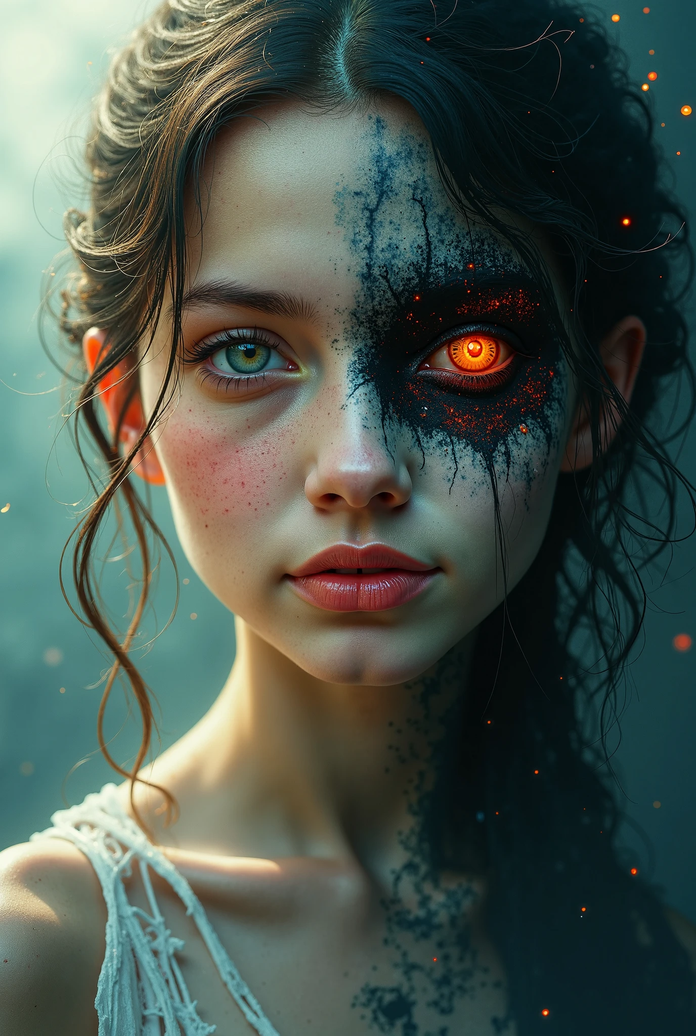 "Imagine a stunning, surreal portrait of a young woman with a striking, dichotomous face. The left half of her face radiates pure goodness, with a gentle, ethereal glow and a warm, compassionate smile. Her skin is smooth and unblemished, with a soft, heavenly light illuminating her features.
In stark contrast, the right half of her face embodies badness, with dark, ominous shadows and a menacing, mischievous grin. Her skin is rough and weathered, with a faint, eerie glow emanating from within.
The background is a swirling, dreamlike mixture of light and darkness, with subtle, shimmering hints of good and evil. The overall atmosphere is mesmerizing, thought-provoking, and hauntingly beautiful."