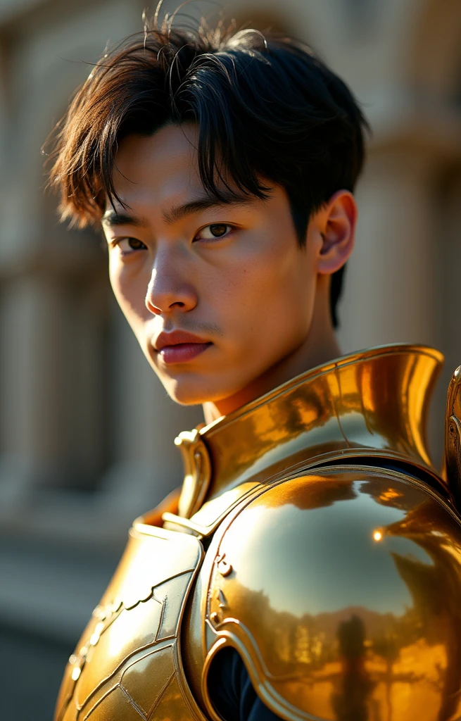 Thai young man is dressed in Thai traditional costume with golden armour,He is 18 years olds, muscle, Beautiful and realistic fantasy pictures, portrait,