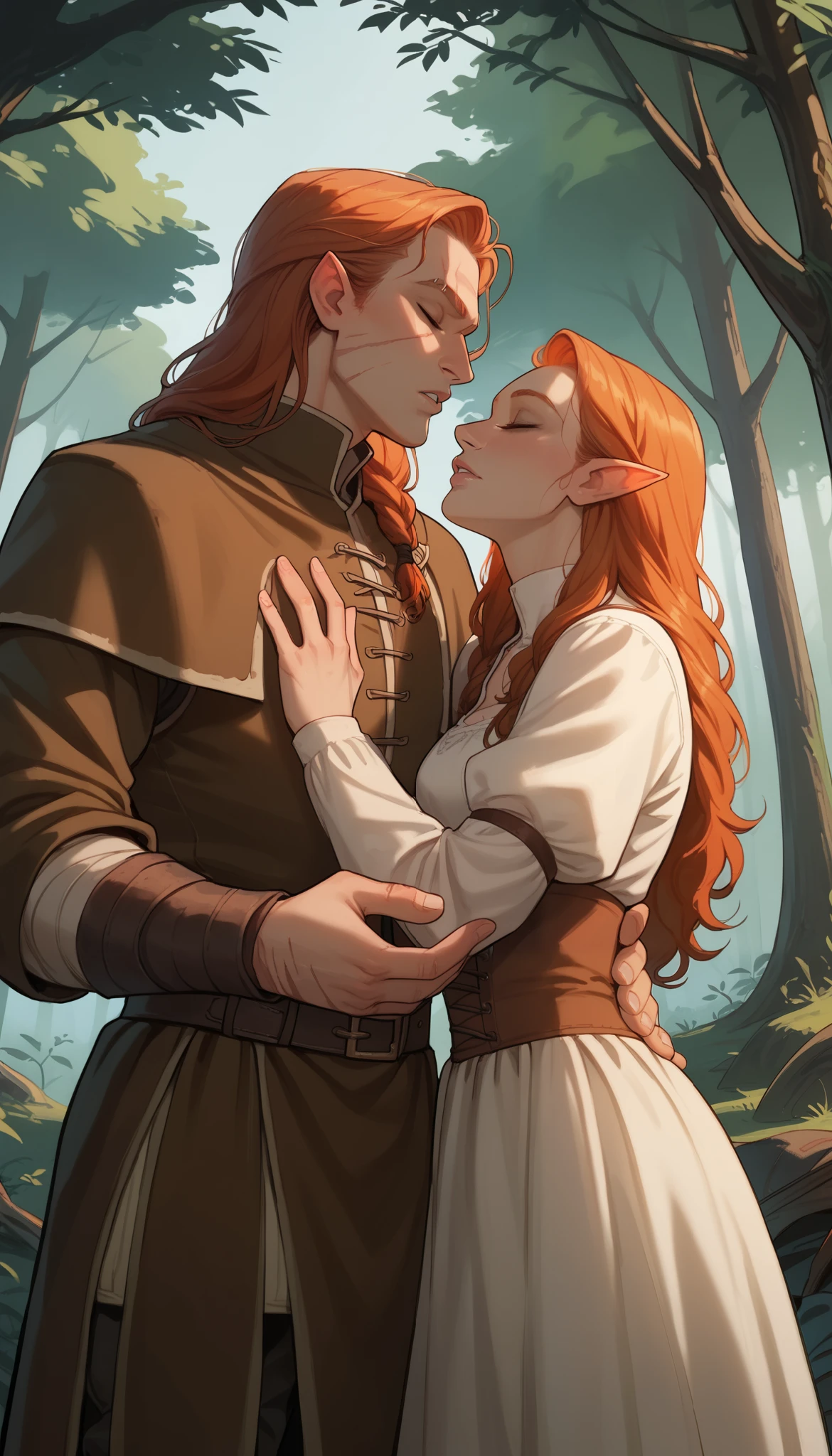 score_9, score_8_up, score_7_up, score_6_up, soruce_anime, 1boy,1girl, couple kissing, standing in dark woods, dark_elves, medieval, detailed medieval clothes, long hair, pointy ears, scar, passionate kiss into the woods, forest, bliss, closed eyes, from below, dramatic angle, epic